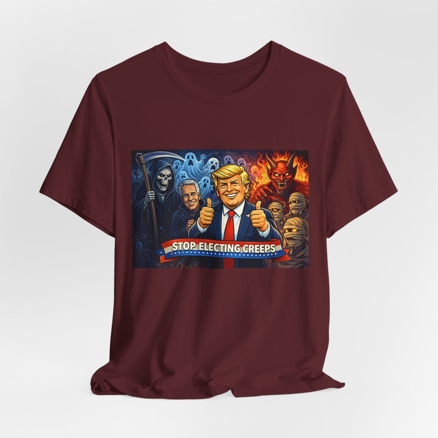 Political Satire Tee — "Stop Electing Creeps" Trump & Monsters Graphic Shirt