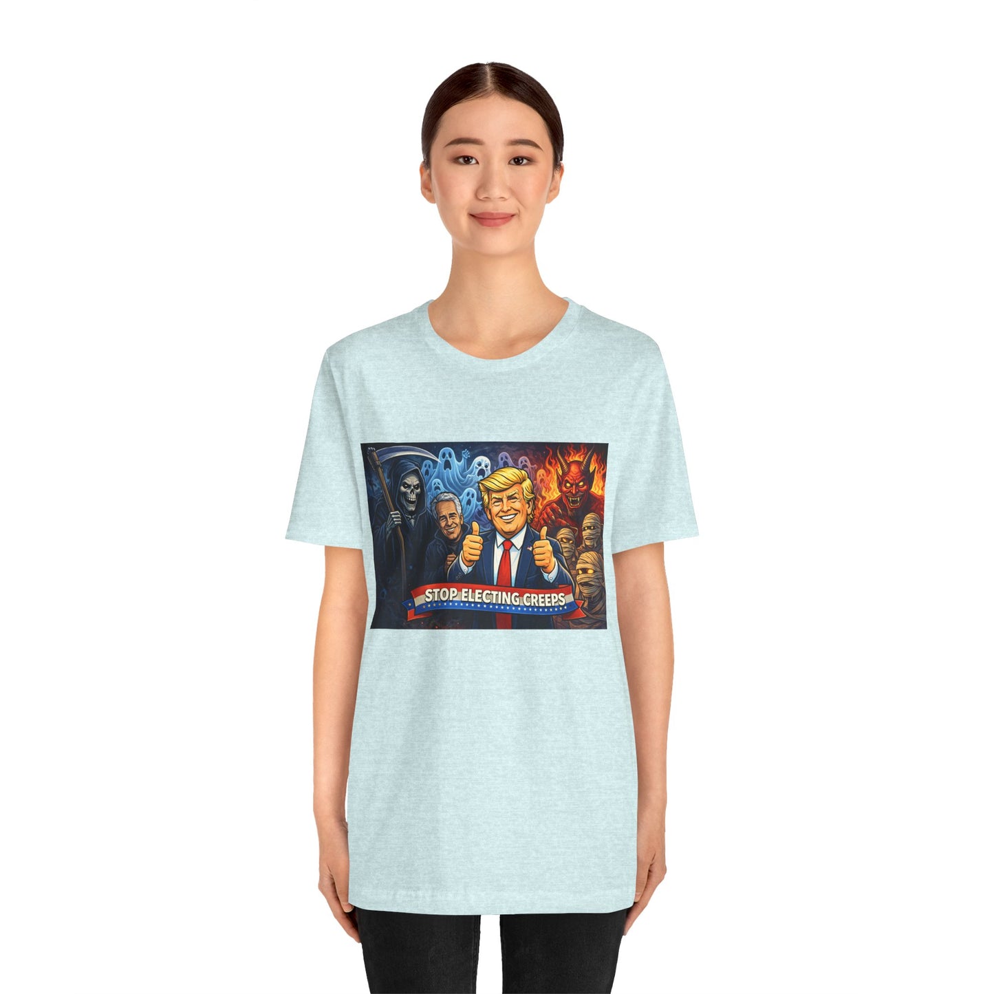 Political Satire Tee — "Stop Electing Creeps" Trump & Monsters Graphic Shirt
