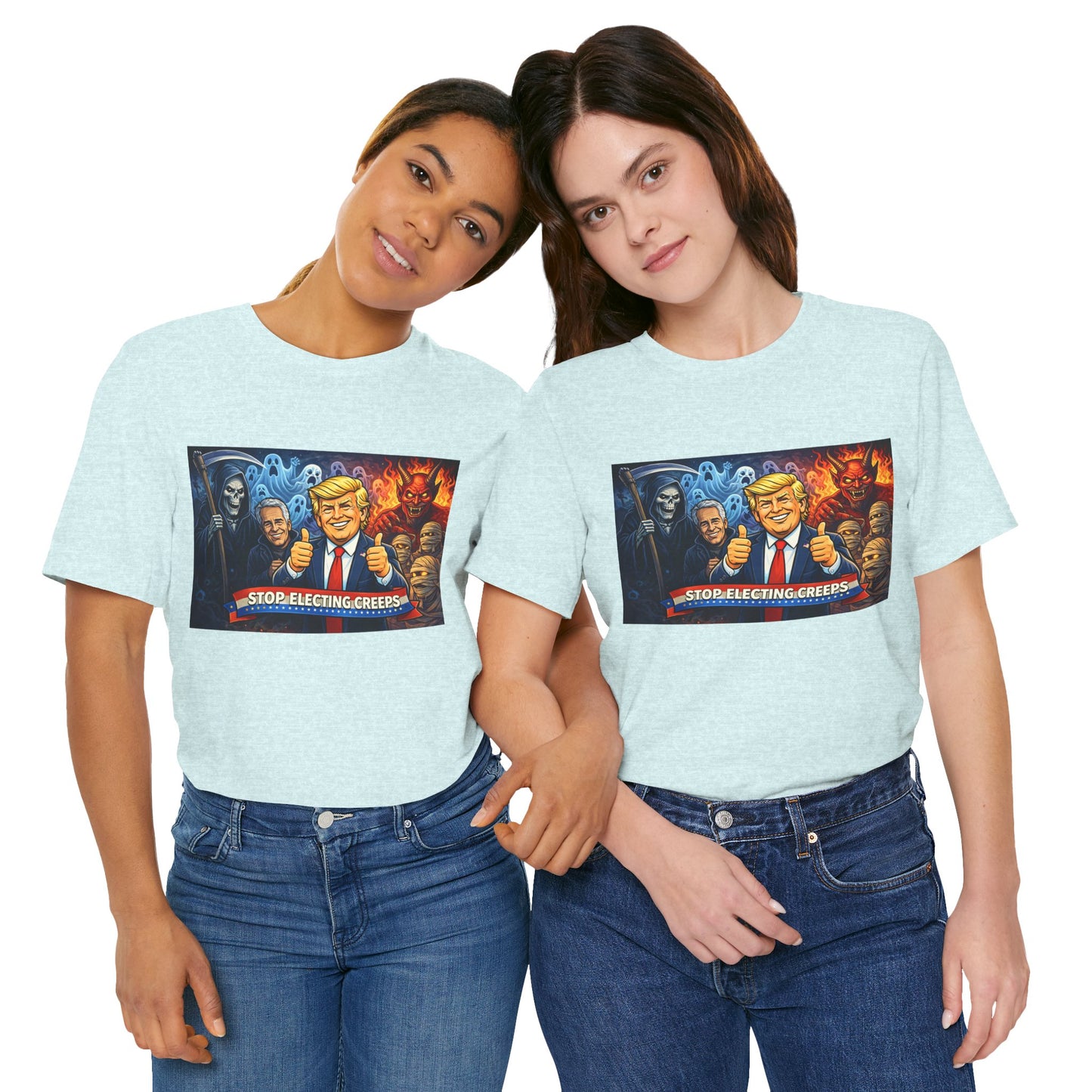 Political Satire Tee — "Stop Electing Creeps" Trump & Monsters Graphic Shirt