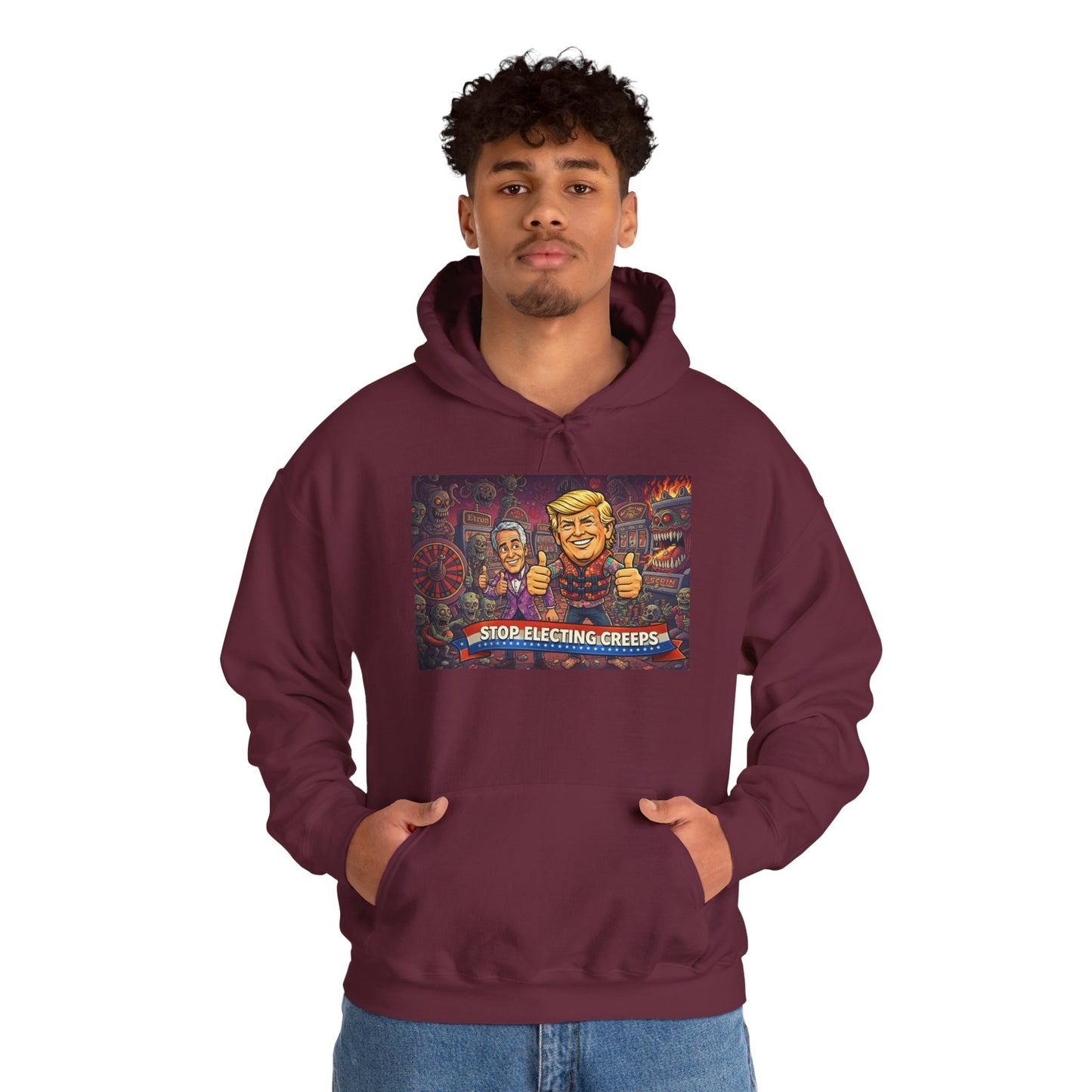 Political Satire Hoodie — "Stop Electing Creeps" Graphic Pullover