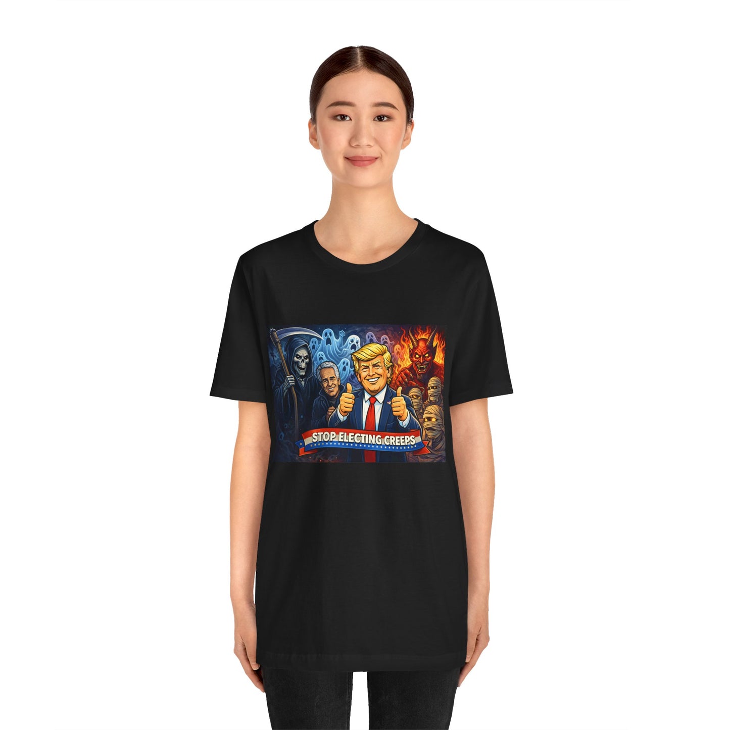 Political Satire Tee — "Stop Electing Creeps" Trump & Monsters Graphic Shirt
