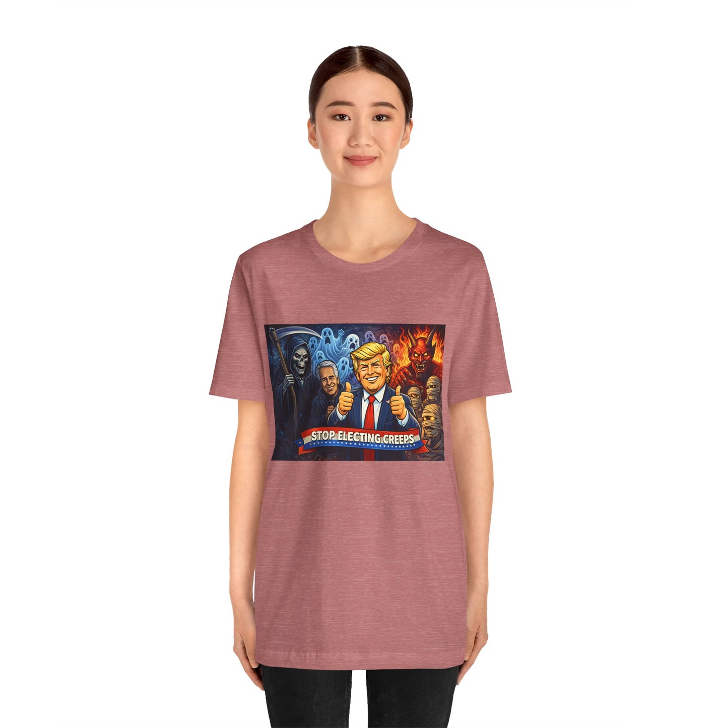 Political Satire Tee — "Stop Electing Creeps" Trump & Monsters Graphic Shirt