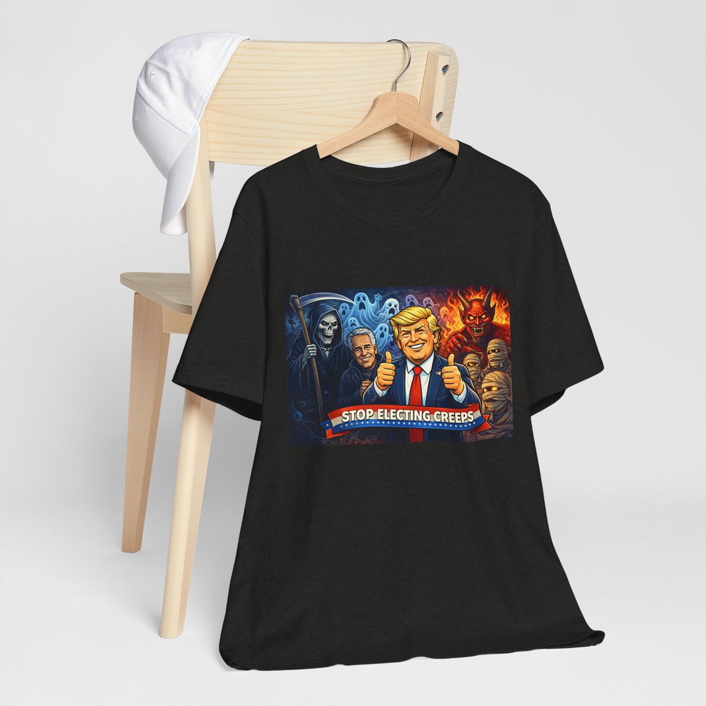 Political Satire Tee — "Stop Electing Creeps" Trump & Monsters Graphic Shirt