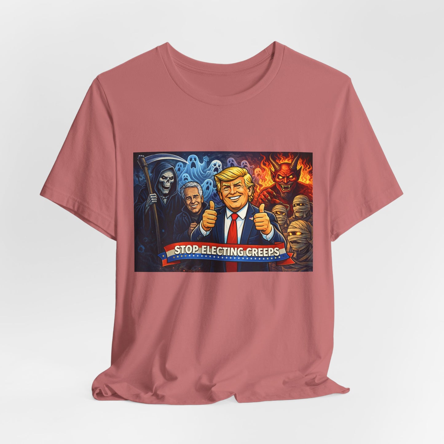 Political Satire Tee — "Stop Electing Creeps" Trump & Monsters Graphic Shirt