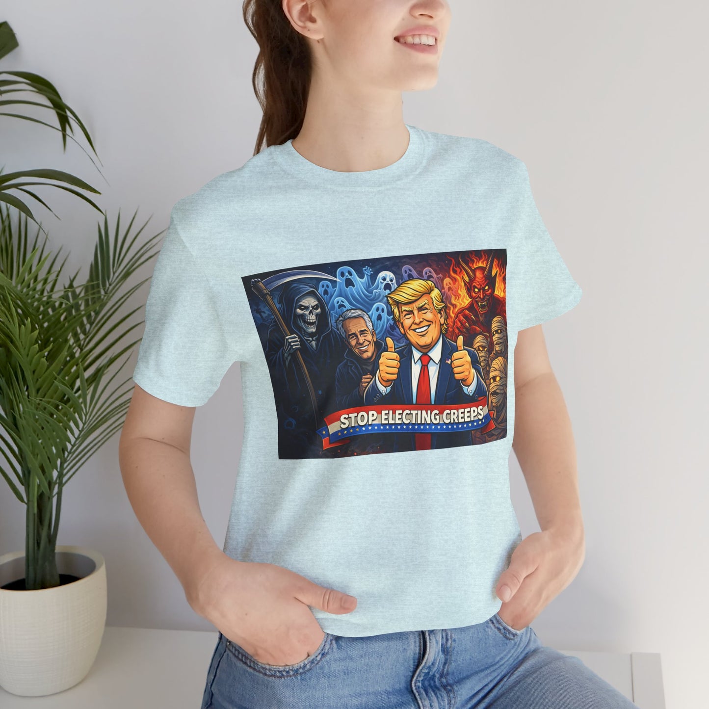 Political Satire Tee — "Stop Electing Creeps" Trump & Monsters Graphic Shirt