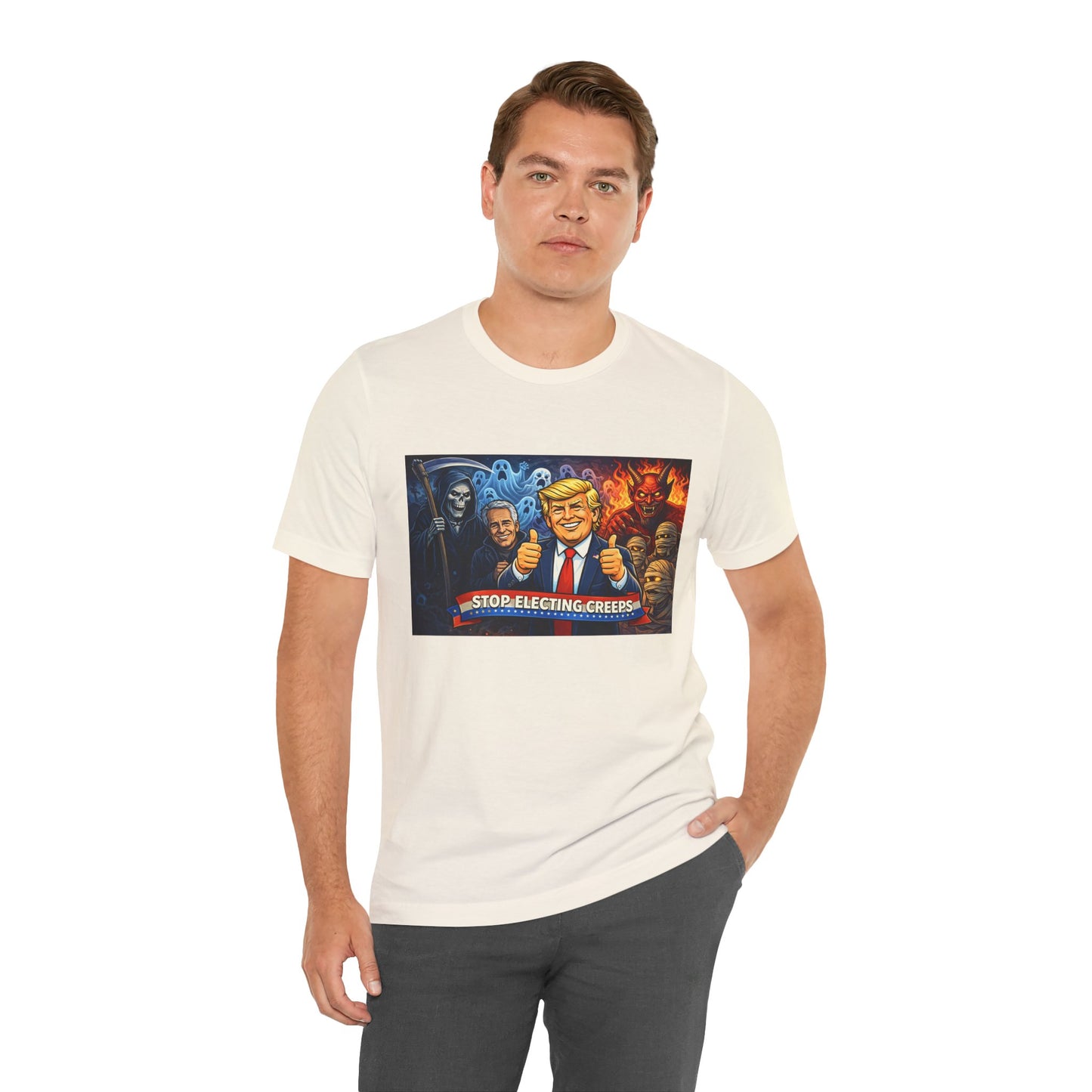 Political Satire Tee — "Stop Electing Creeps" Trump & Monsters Graphic Shirt
