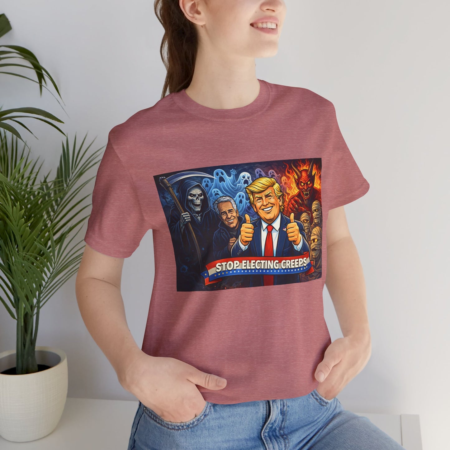 Political Satire Tee — "Stop Electing Creeps" Trump & Monsters Graphic Shirt