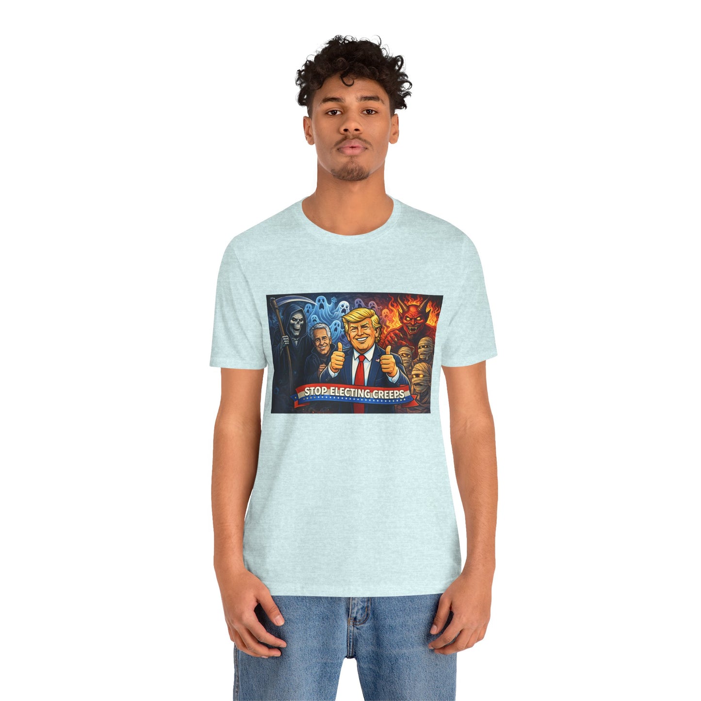 Political Satire Tee — "Stop Electing Creeps" Trump & Monsters Graphic Shirt