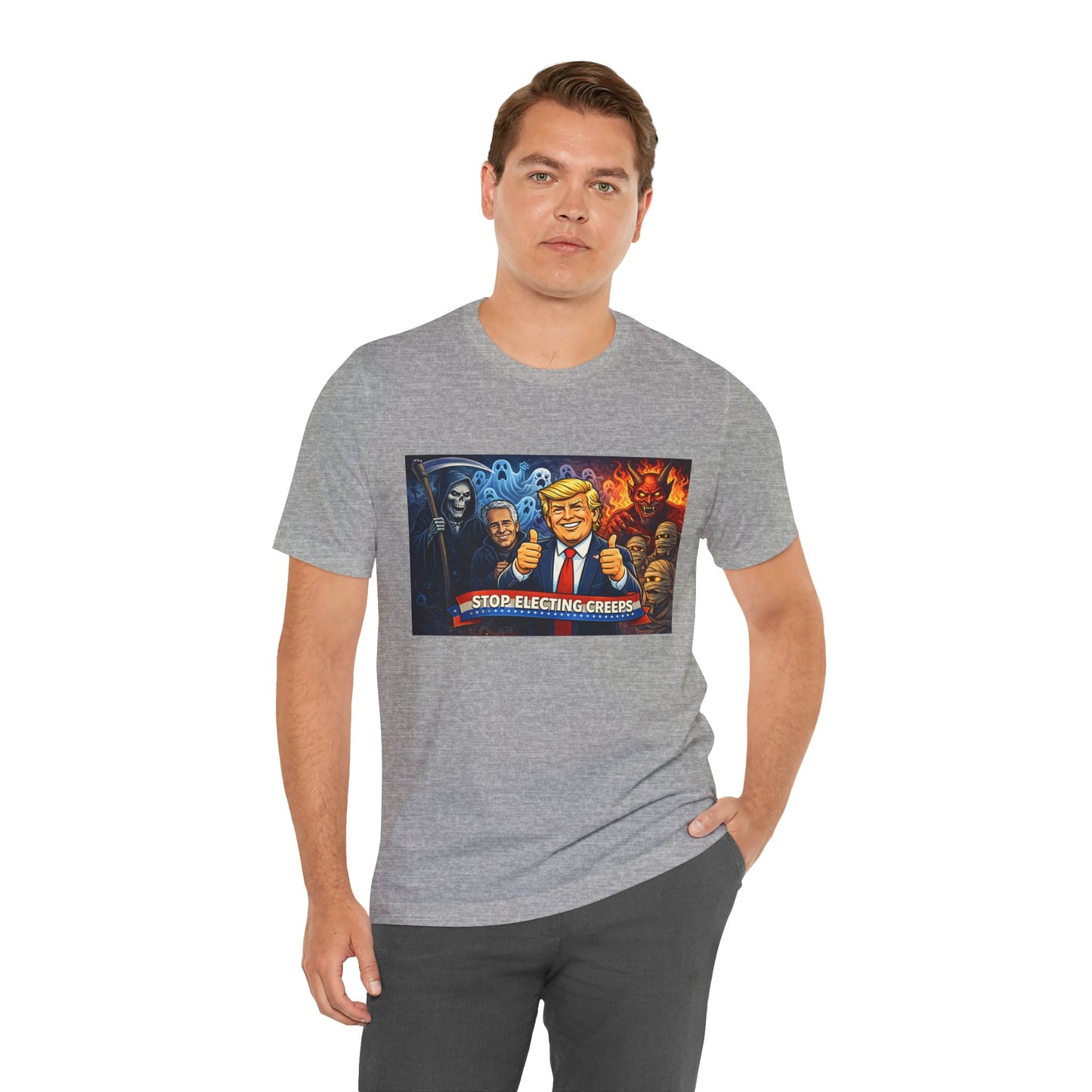 Political Satire Tee — "Stop Electing Creeps" Trump & Monsters Graphic Shirt
