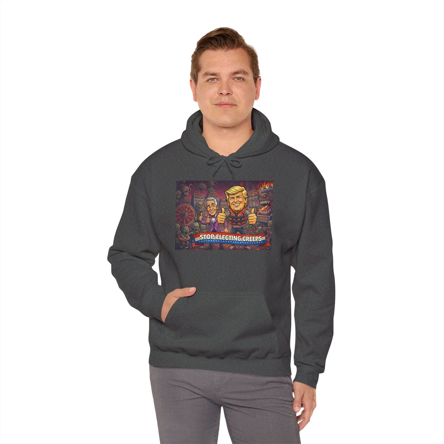 Political Satire Hoodie — "Stop Electing Creeps" Graphic Pullover