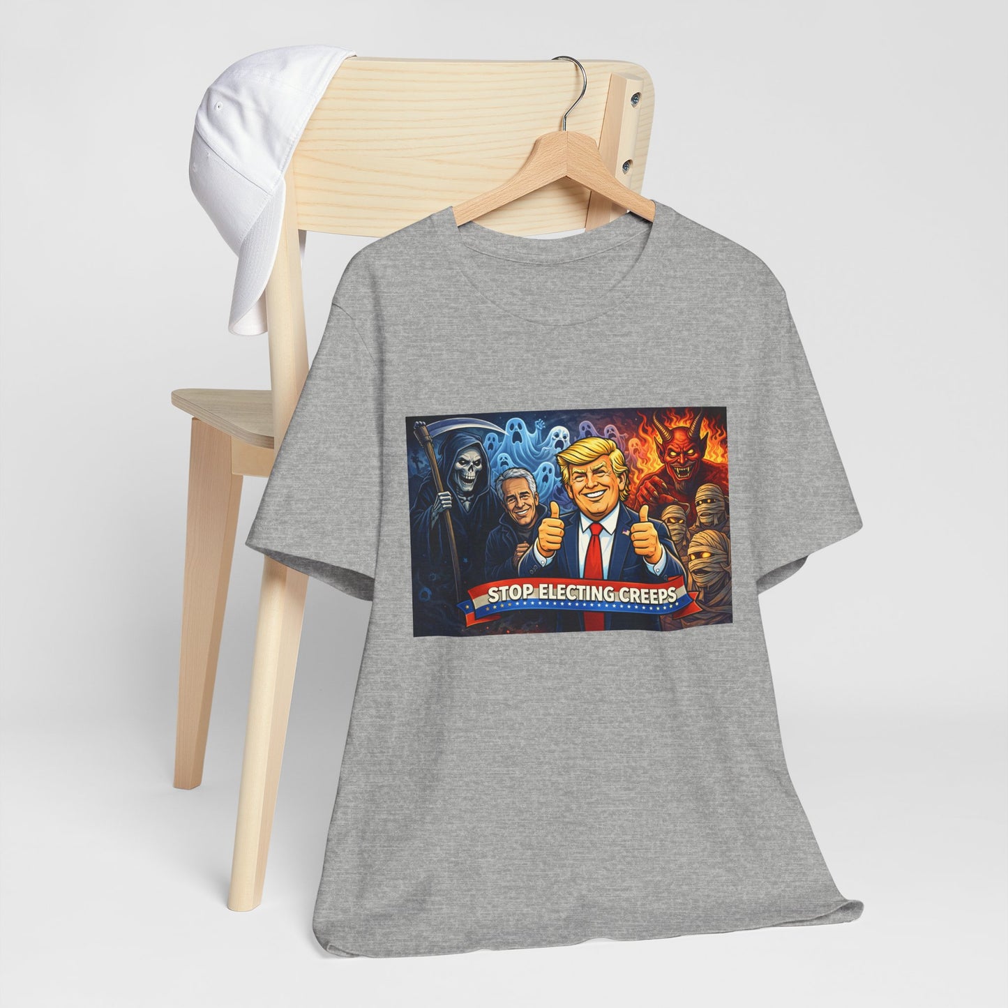 Political Satire Tee — "Stop Electing Creeps" Trump & Monsters Graphic Shirt