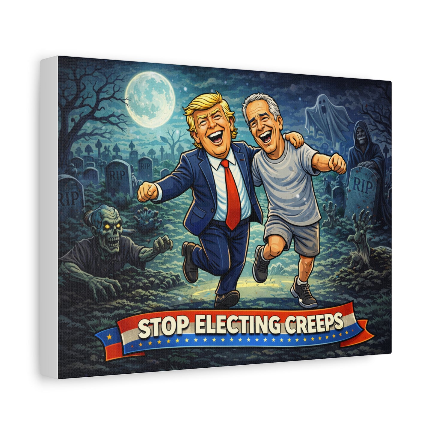 Stop Electing Creeps Canvas Print — Political Satire Wall Art (Trump & Biden Halloween Scene)