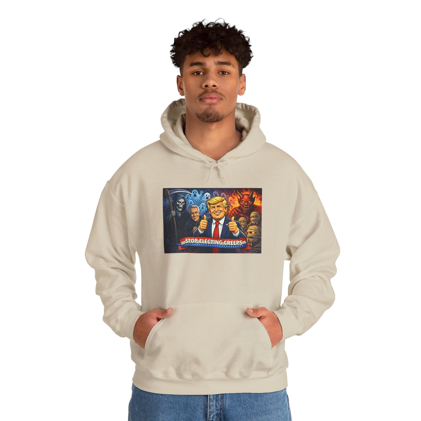 Political Caricature Hoodie — Bold Retro Satire Graphic Sweatshirt