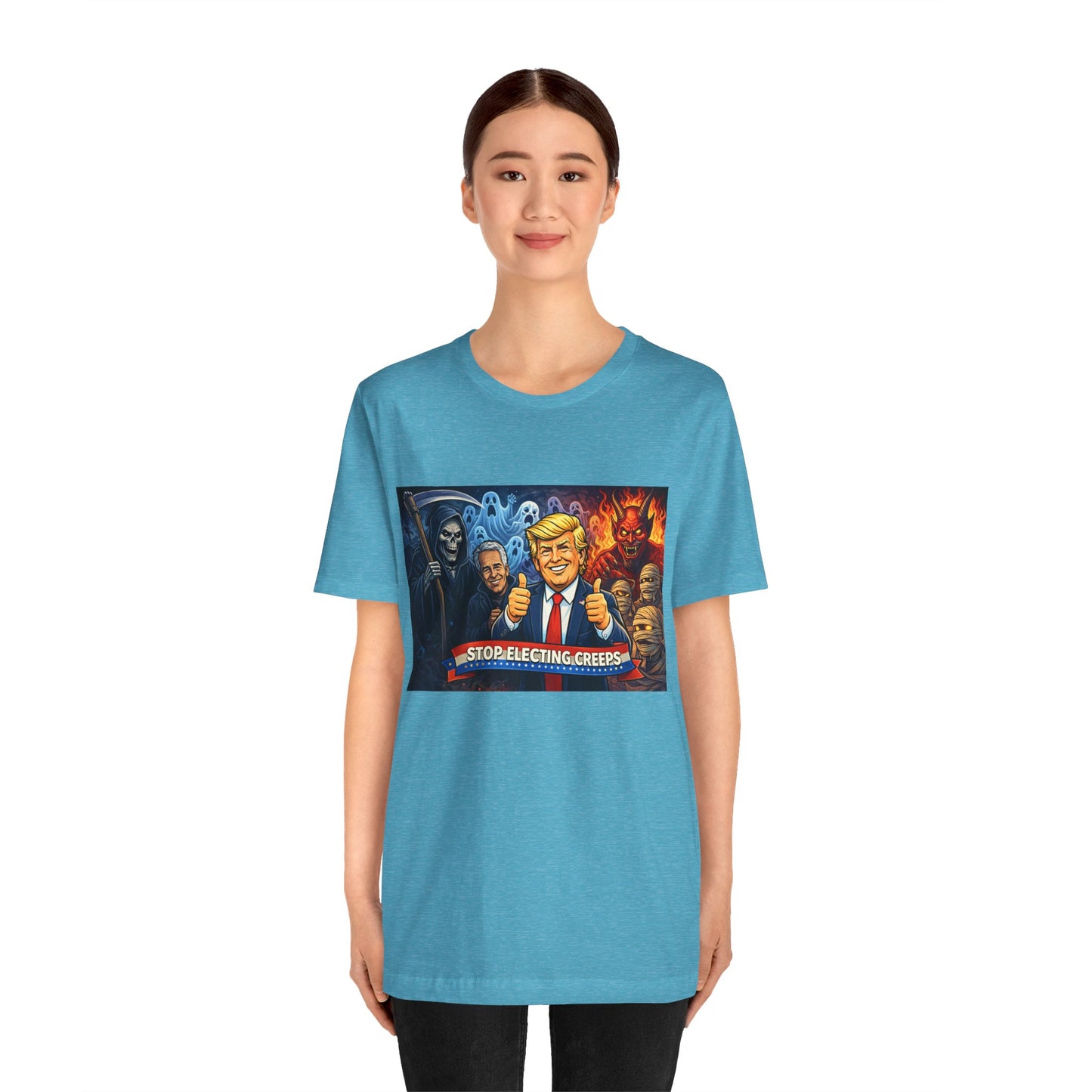 Political Satire Tee — "Stop Electing Creeps" Trump & Monsters Graphic Shirt