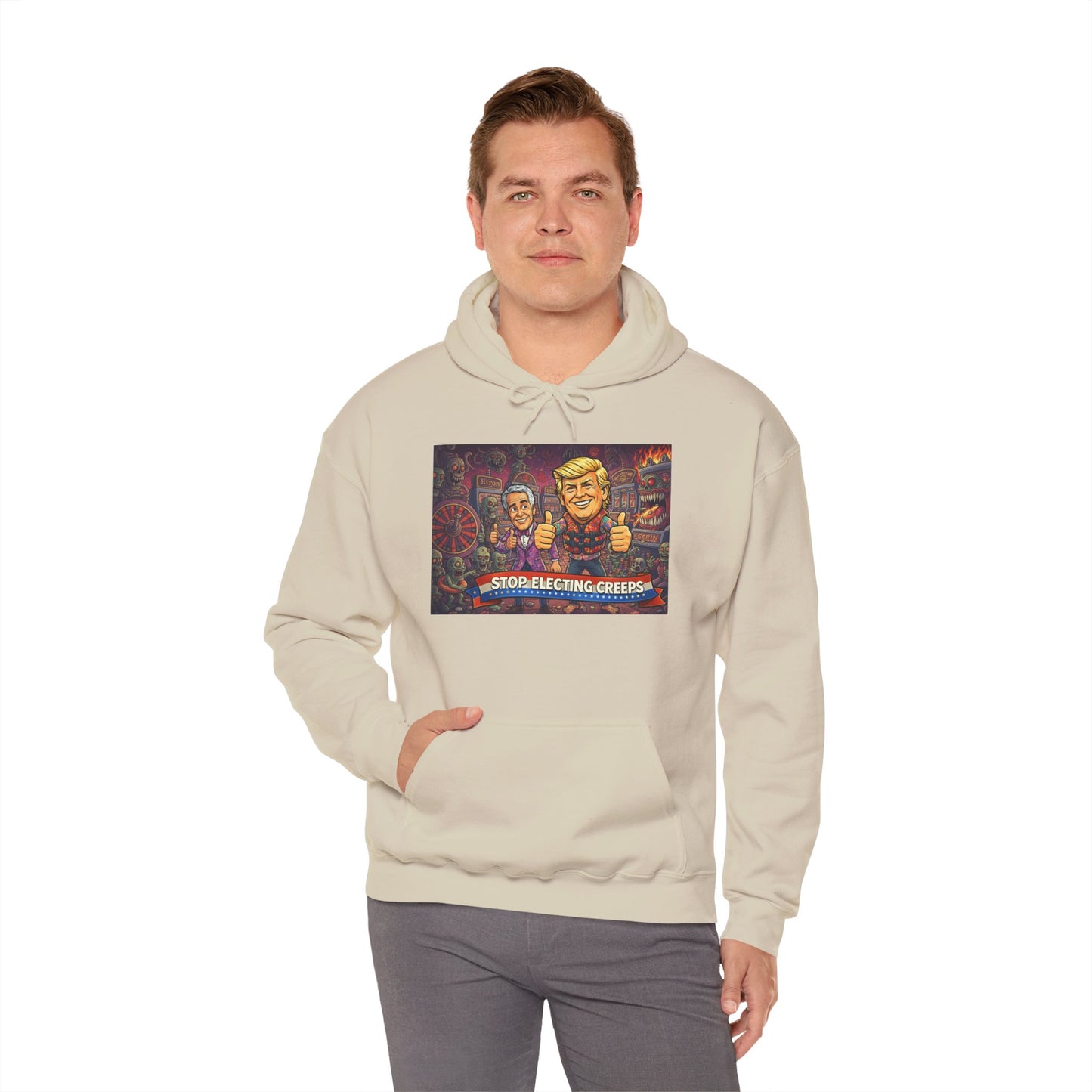 Political Satire Hoodie — "Stop Electing Creeps" Graphic Pullover