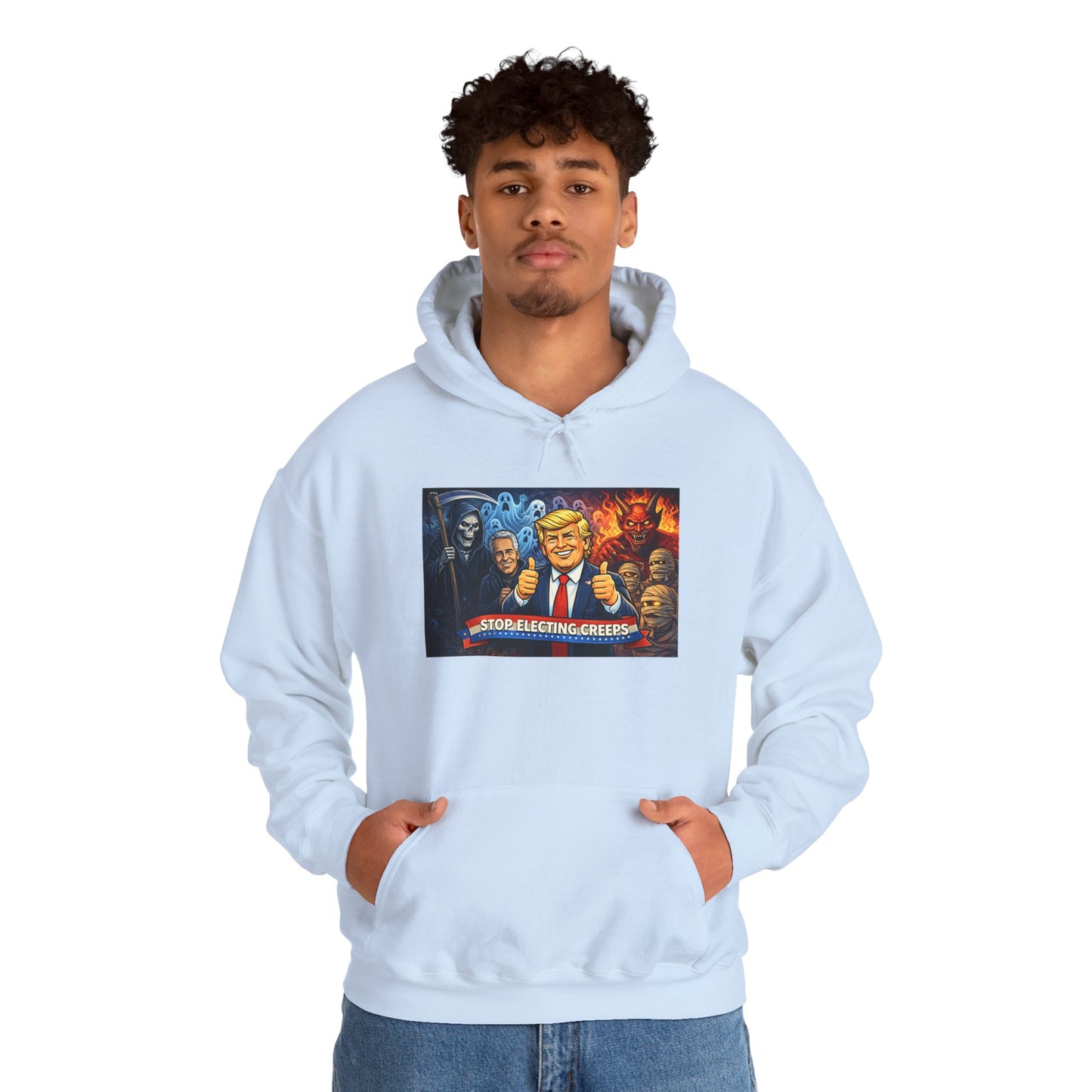 Political Caricature Hoodie — Bold Retro Satire Graphic Sweatshirt