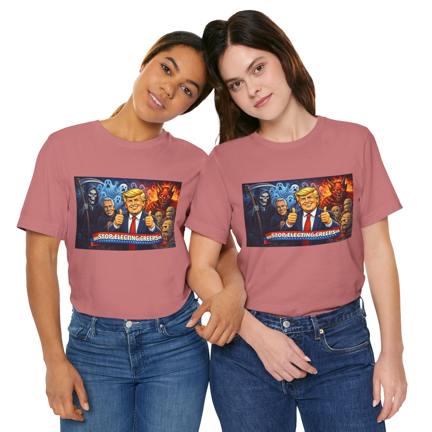 Political Satire Tee — "Stop Electing Creeps" Trump & Monsters Graphic Shirt