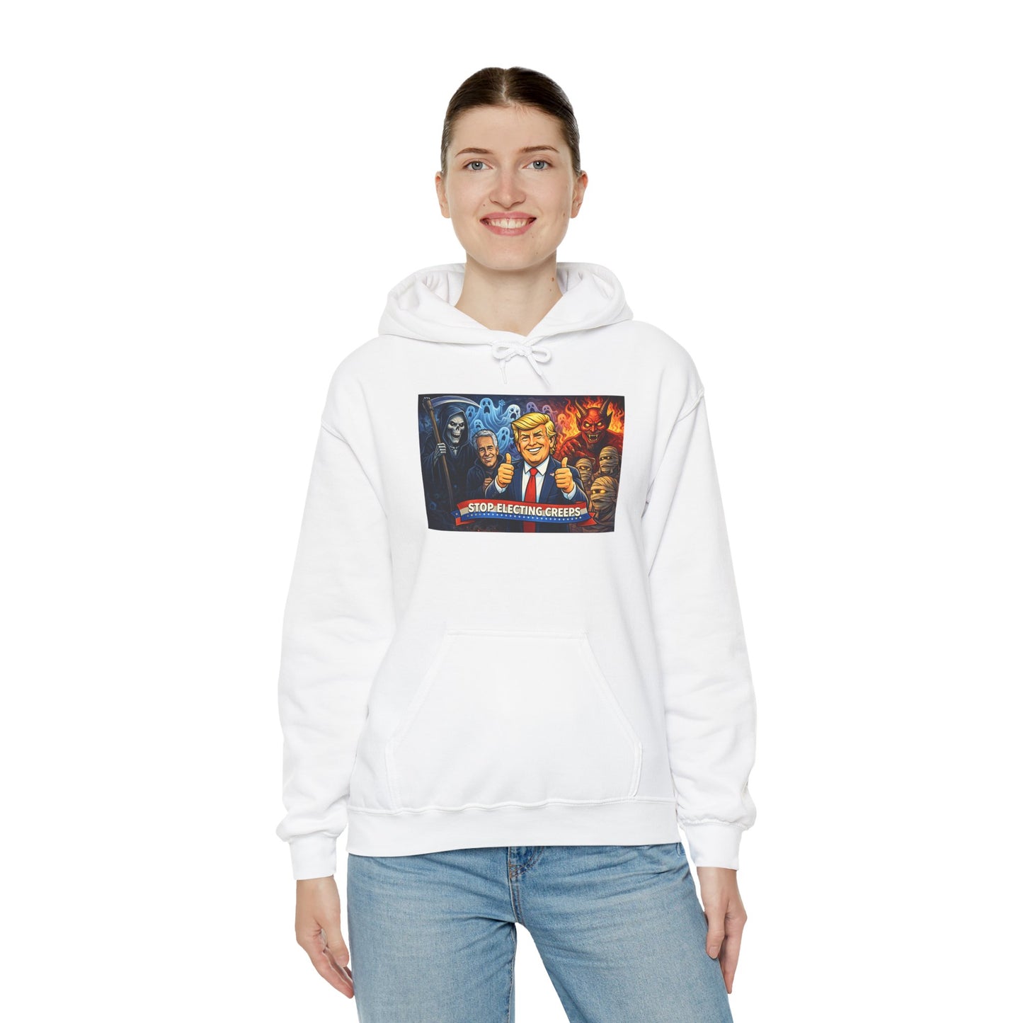 Political Caricature Hoodie — Bold Retro Satire Graphic Sweatshirt