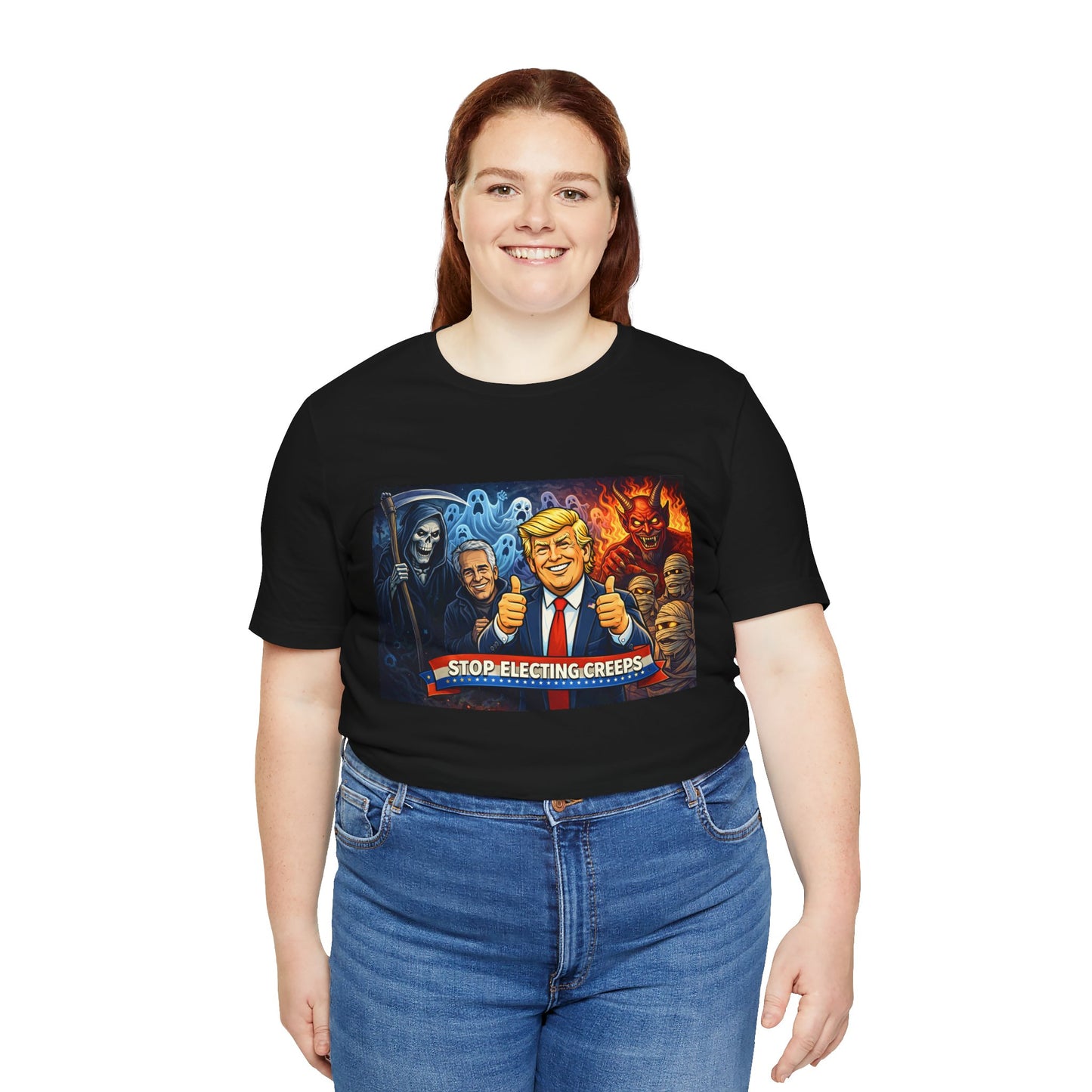 Political Satire Tee — "Stop Electing Creeps" Trump & Monsters Graphic Shirt