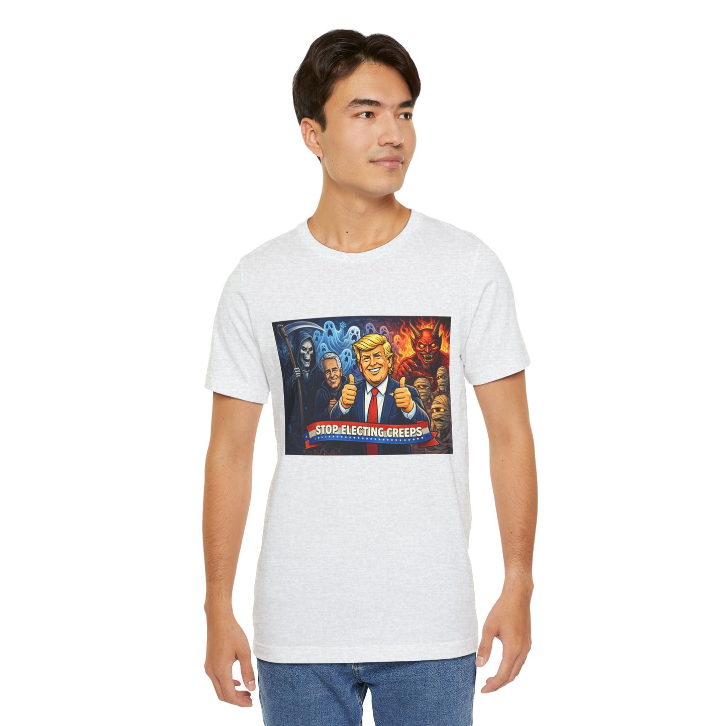 Political Satire Tee — "Stop Electing Creeps" Trump & Monsters Graphic Shirt