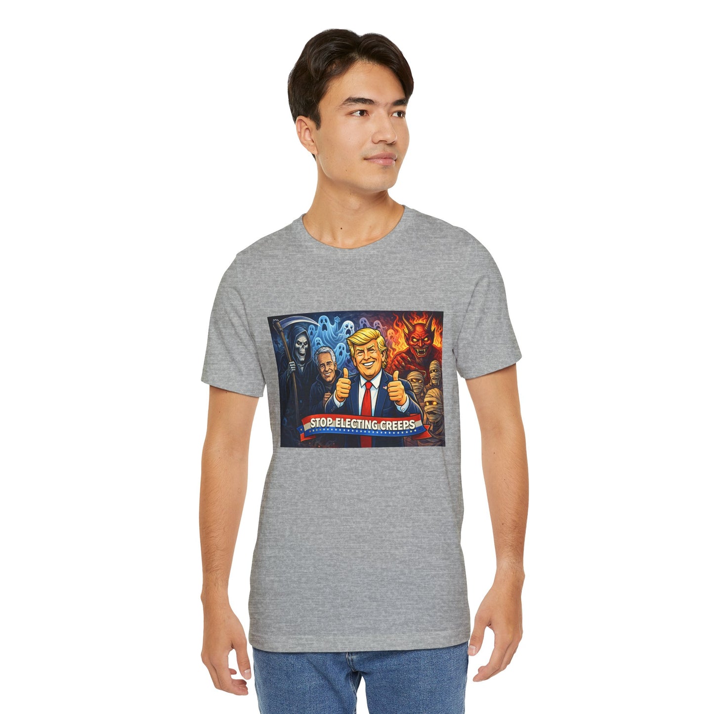 Political Satire Tee — "Stop Electing Creeps" Trump & Monsters Graphic Shirt