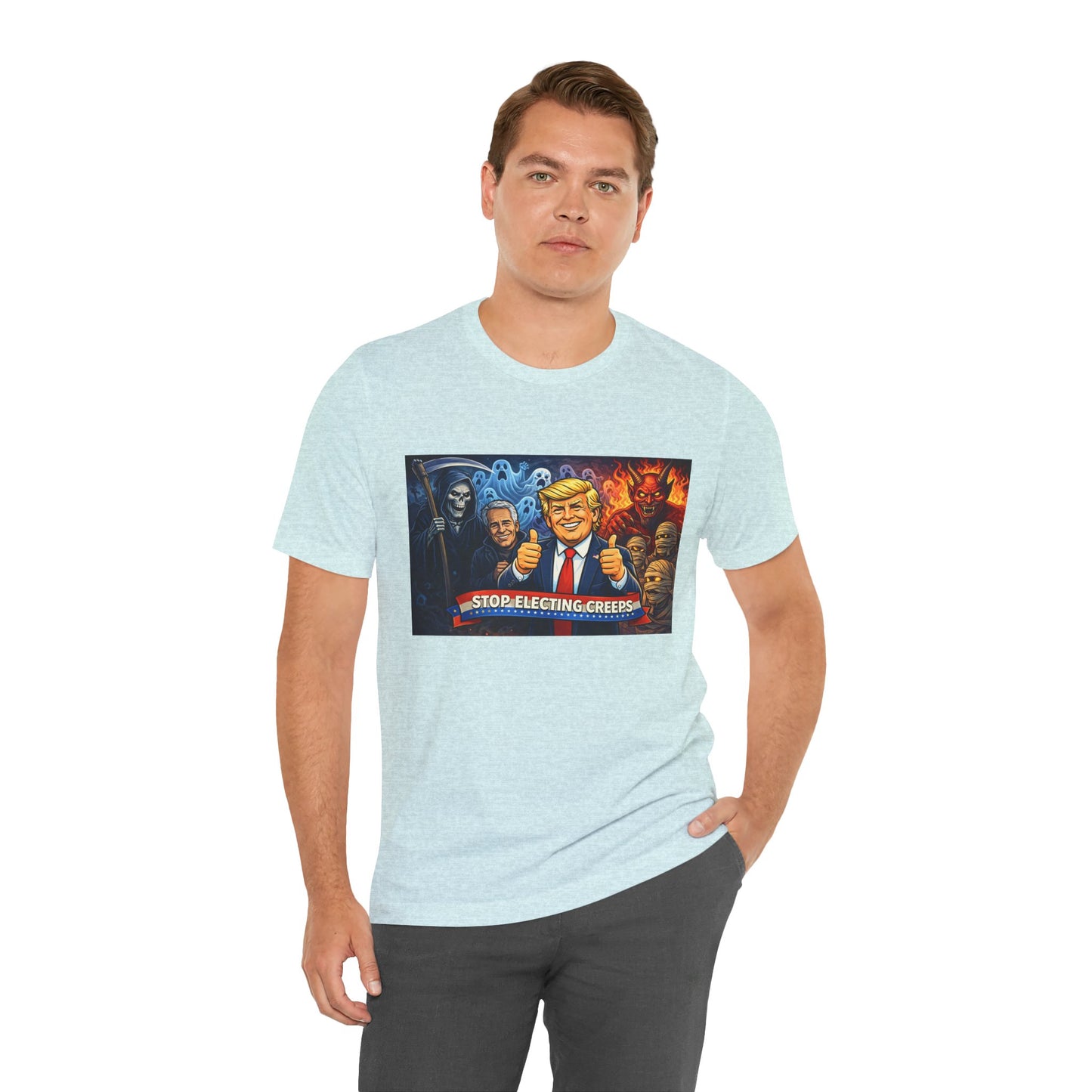 Political Satire Tee — "Stop Electing Creeps" Trump & Monsters Graphic Shirt