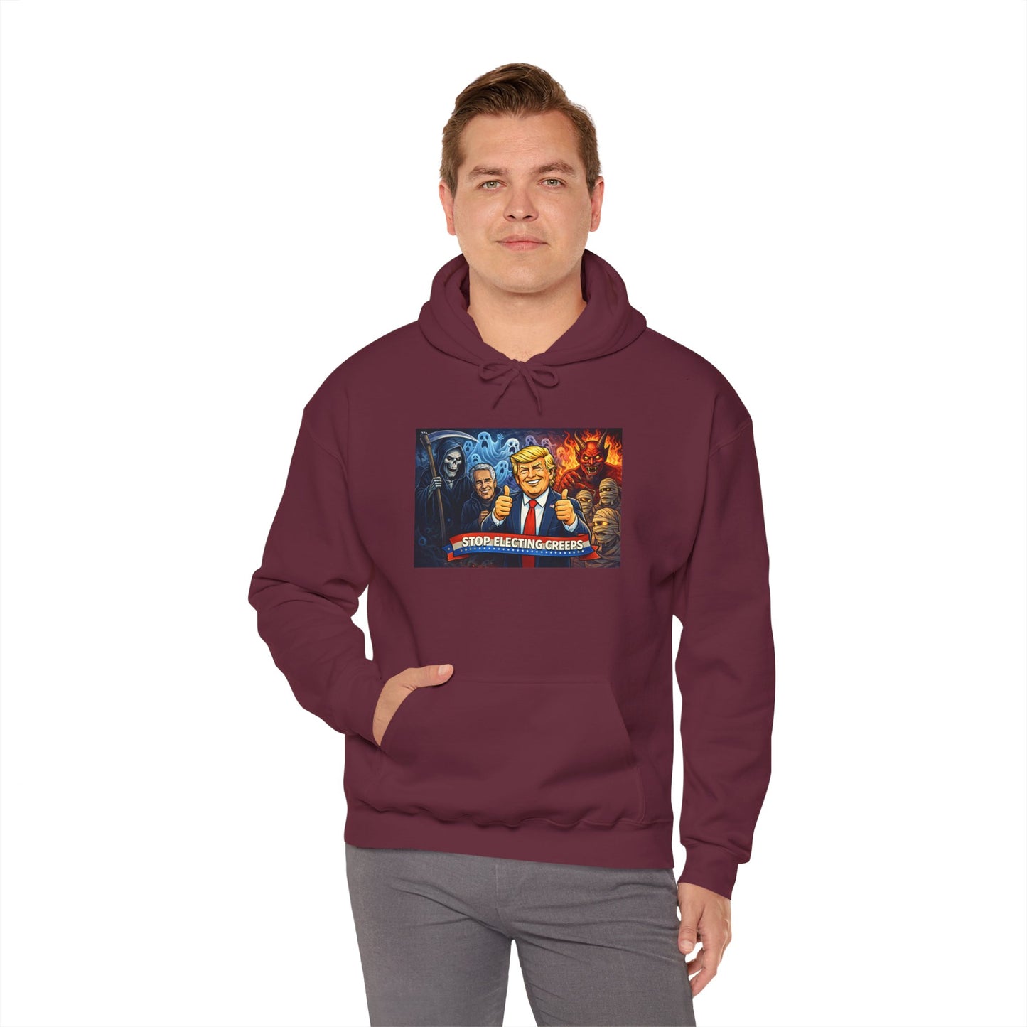 Political Caricature Hoodie — Bold Retro Satire Graphic Sweatshirt