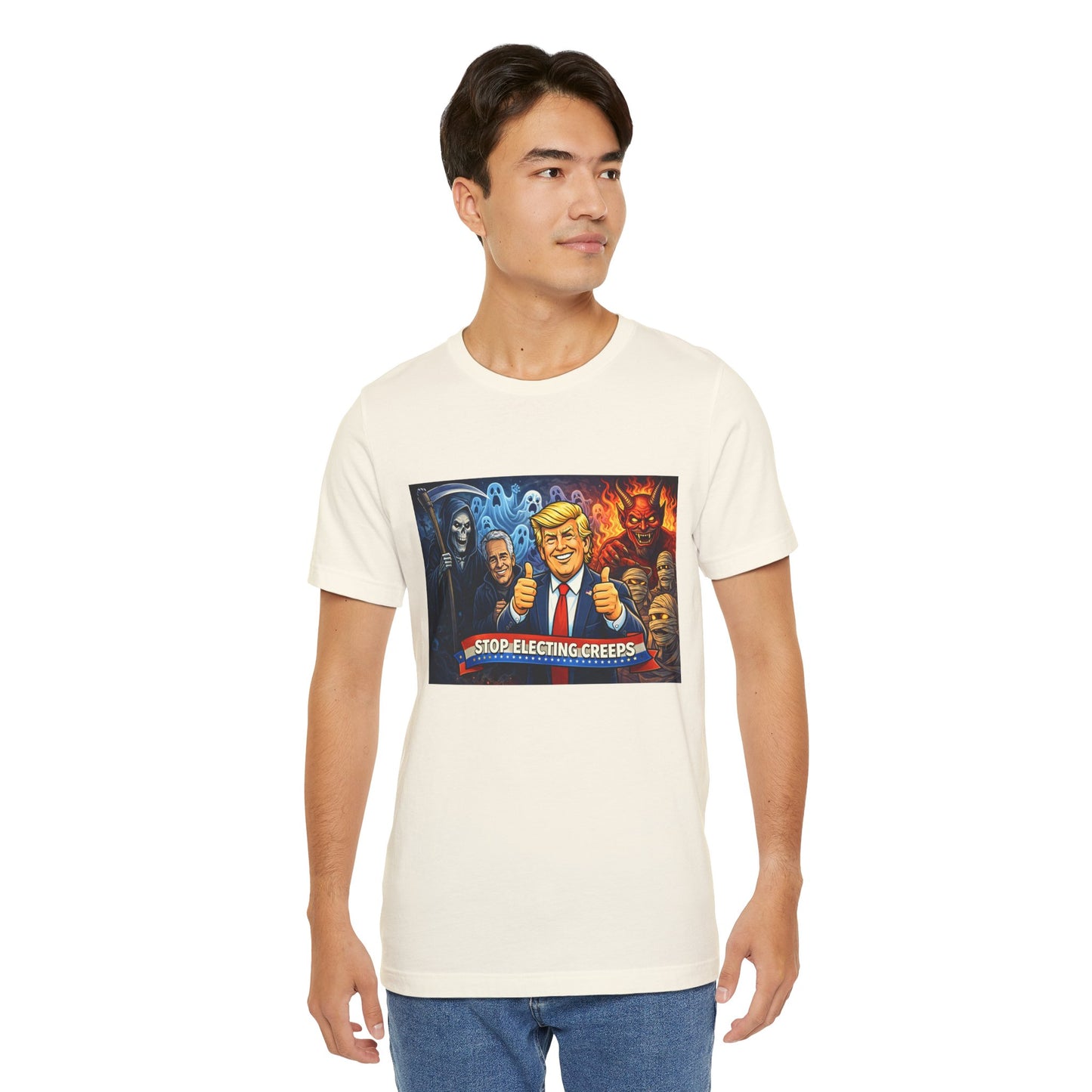 Political Satire Tee — "Stop Electing Creeps" Trump & Monsters Graphic Shirt