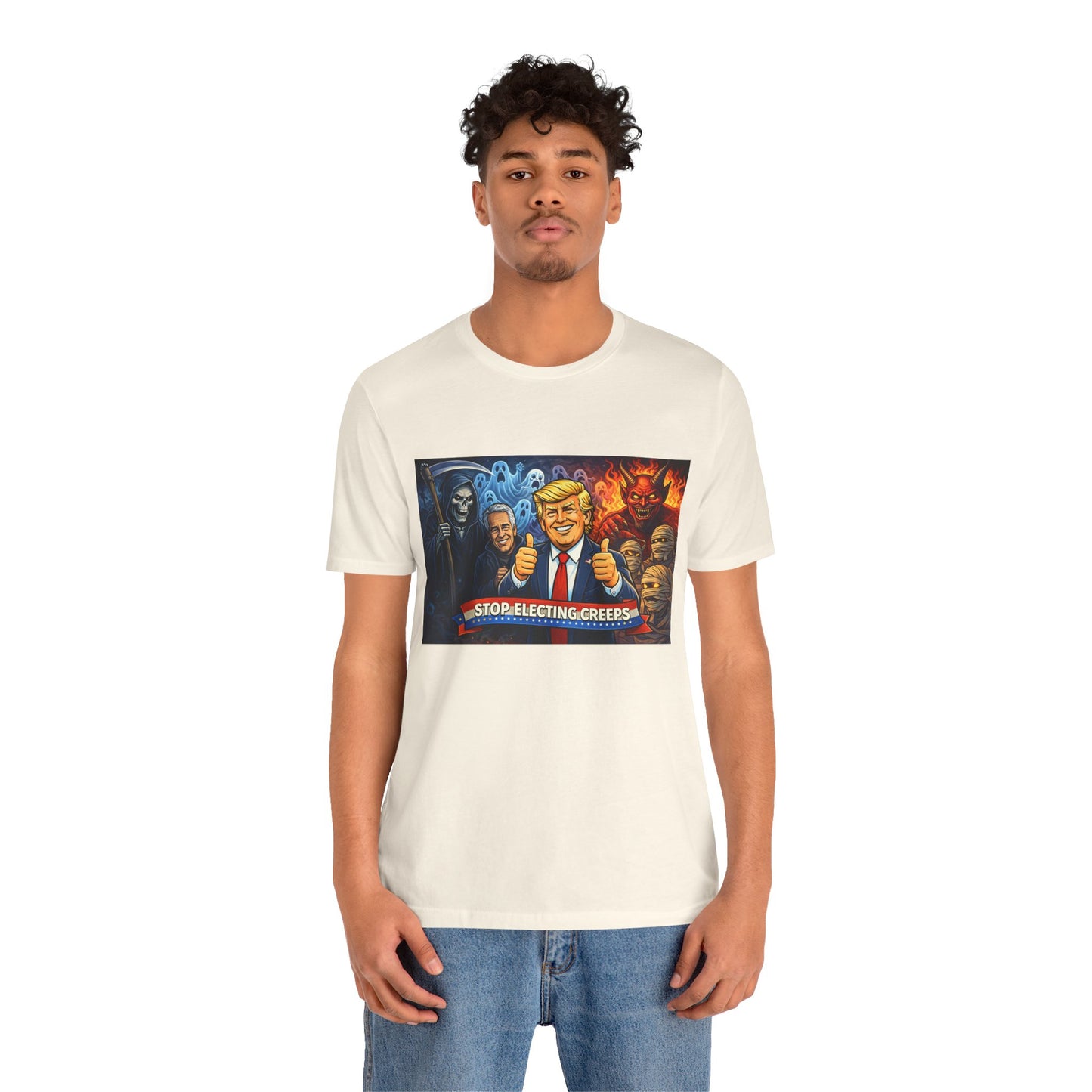 Political Satire Tee — "Stop Electing Creeps" Trump & Monsters Graphic Shirt
