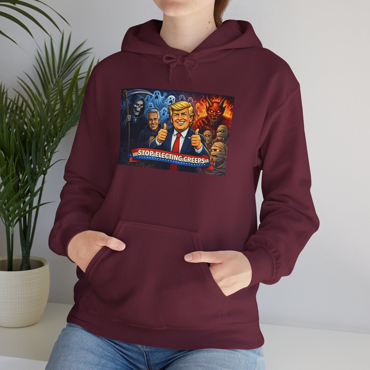 Political Caricature Hoodie — Bold Retro Satire Graphic Sweatshirt
