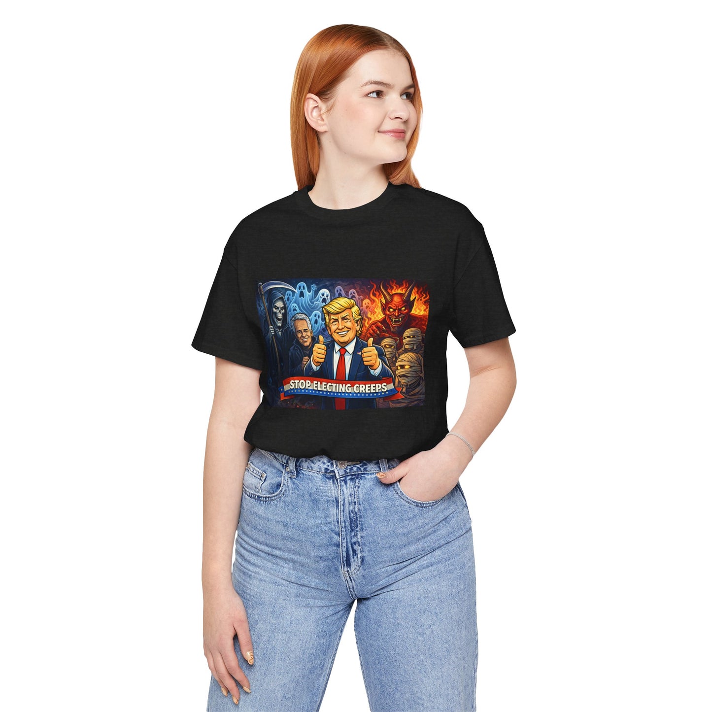 Political Satire Tee — "Stop Electing Creeps" Trump & Monsters Graphic Shirt