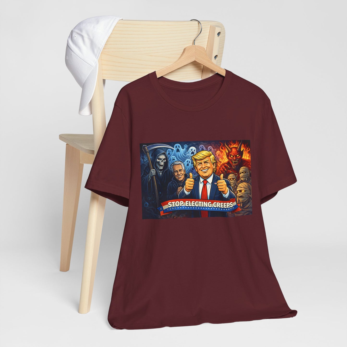 Political Satire Tee — "Stop Electing Creeps" Trump & Monsters Graphic Shirt