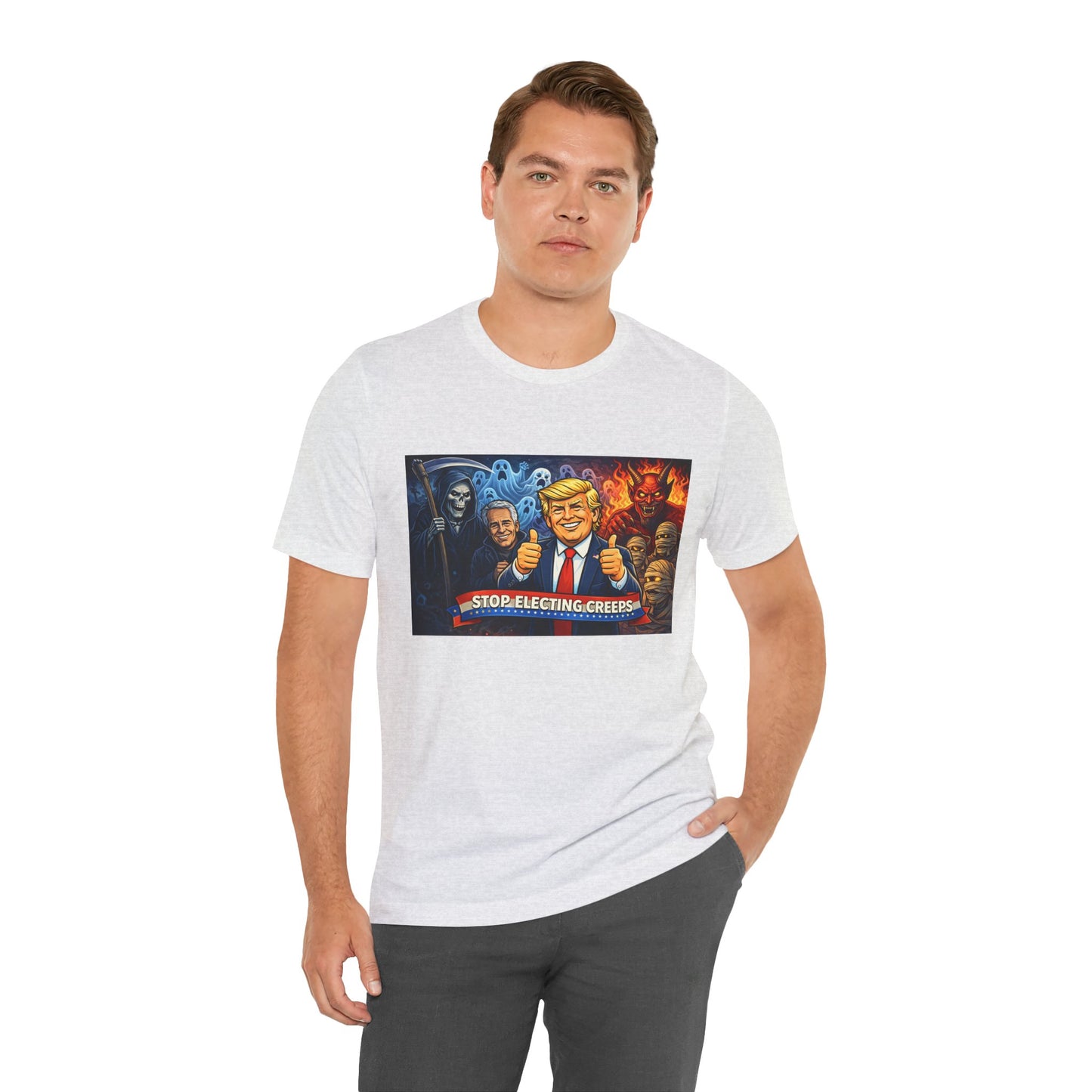 Political Satire Tee — "Stop Electing Creeps" Trump & Monsters Graphic Shirt
