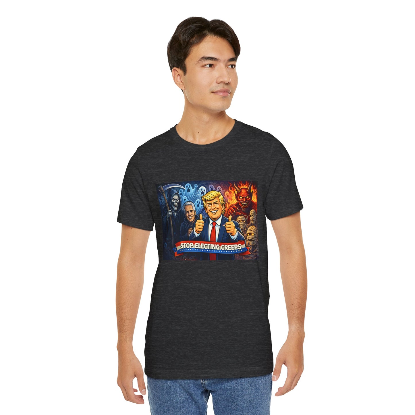 Political Satire Tee — "Stop Electing Creeps" Trump & Monsters Graphic Shirt