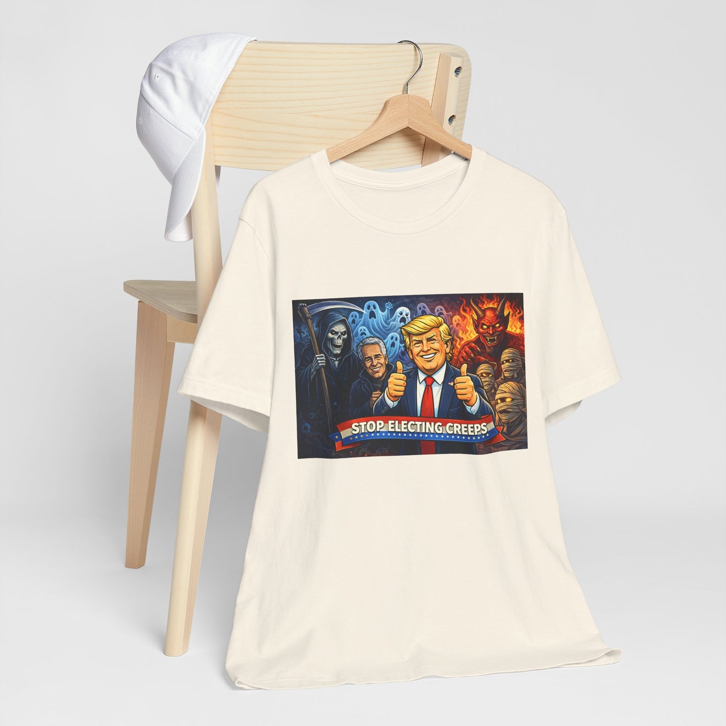 Political Satire Tee — "Stop Electing Creeps" Trump & Monsters Graphic Shirt