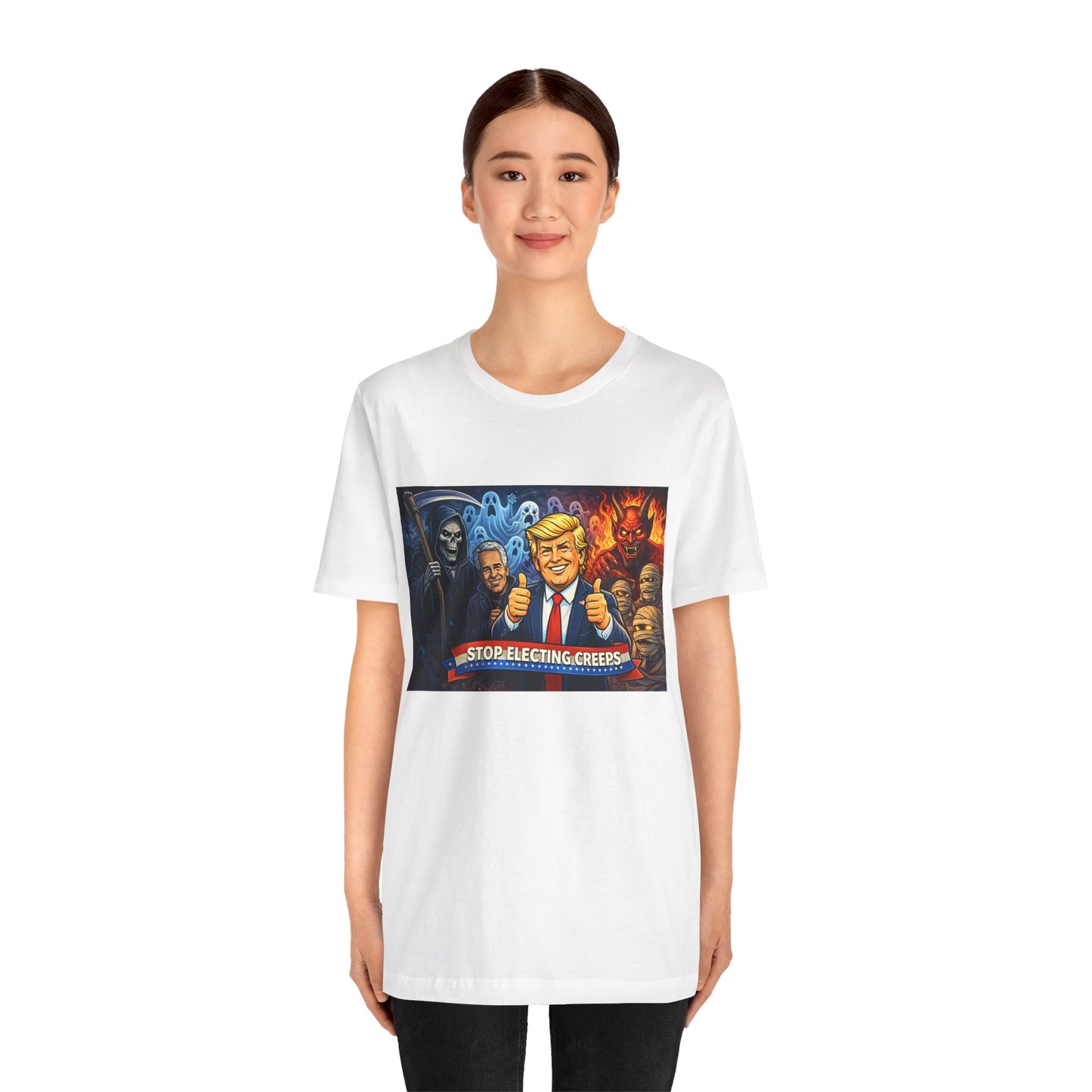 Political Satire Tee — "Stop Electing Creeps" Trump & Monsters Graphic Shirt