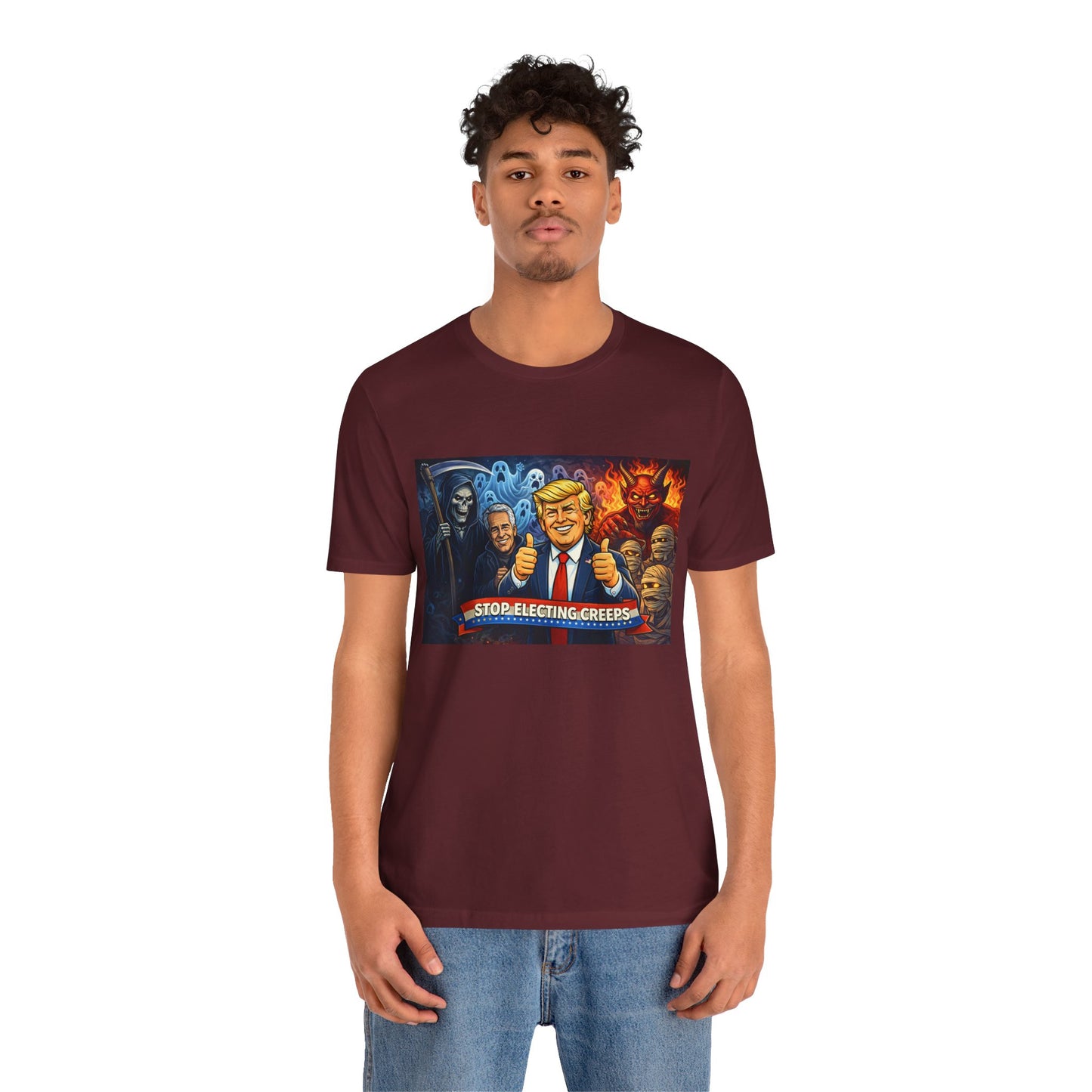 Political Satire Tee — "Stop Electing Creeps" Trump & Monsters Graphic Shirt