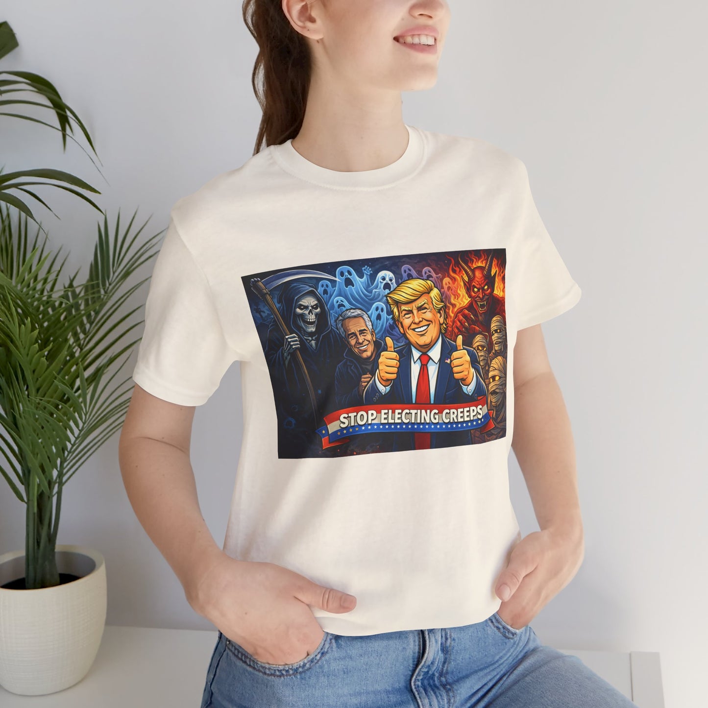 Political Satire Tee — "Stop Electing Creeps" Trump & Monsters Graphic Shirt