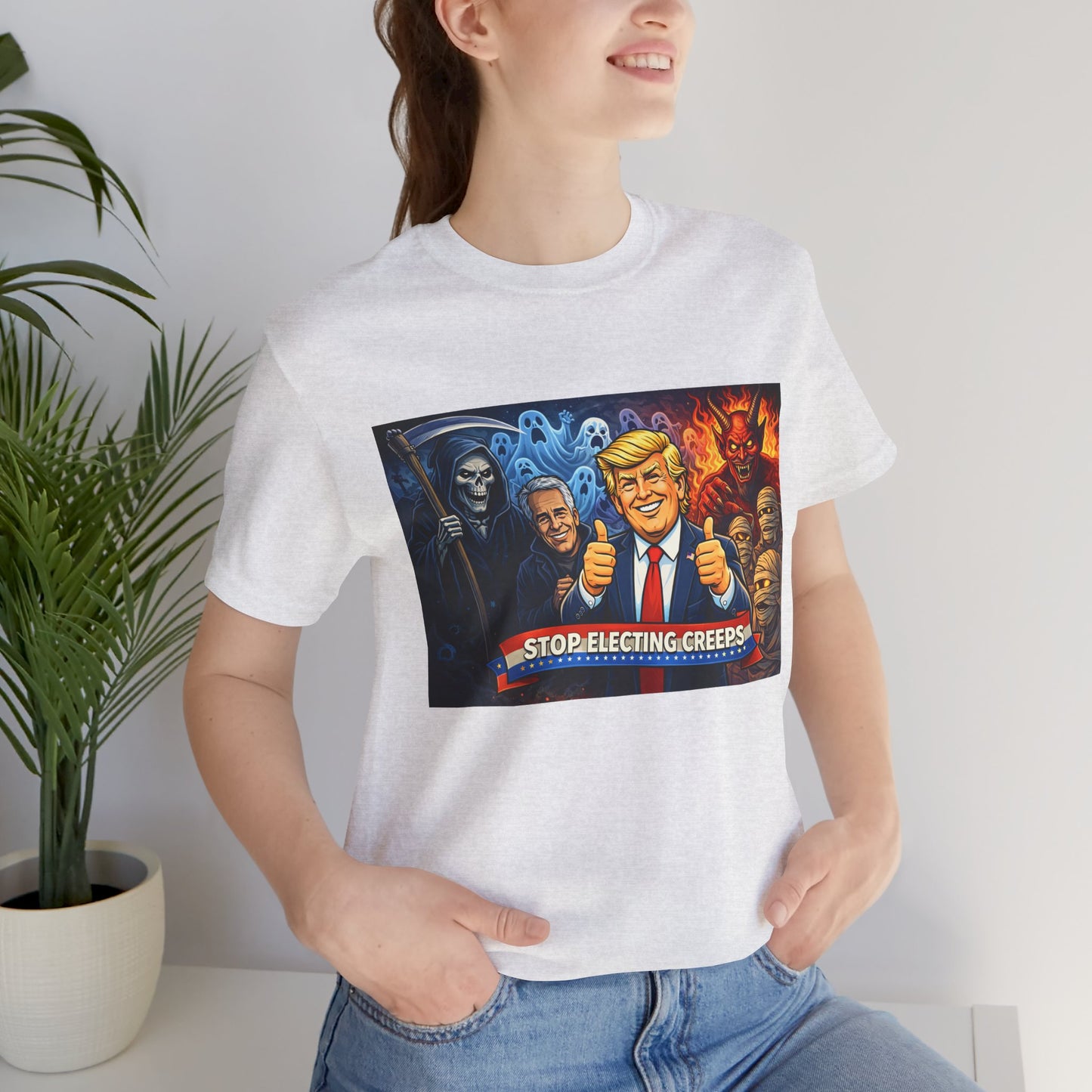 Political Satire Tee — "Stop Electing Creeps" Trump & Monsters Graphic Shirt