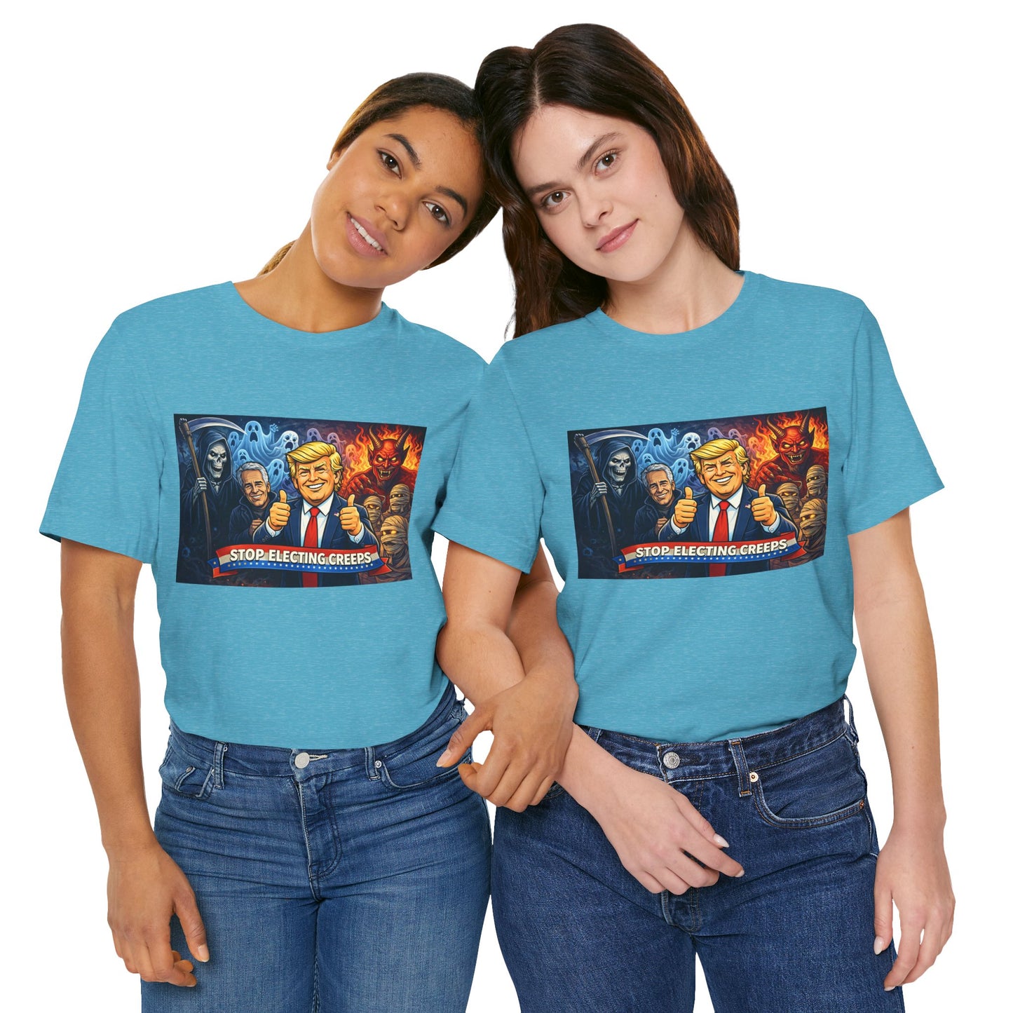 Political Satire Tee — "Stop Electing Creeps" Trump & Monsters Graphic Shirt