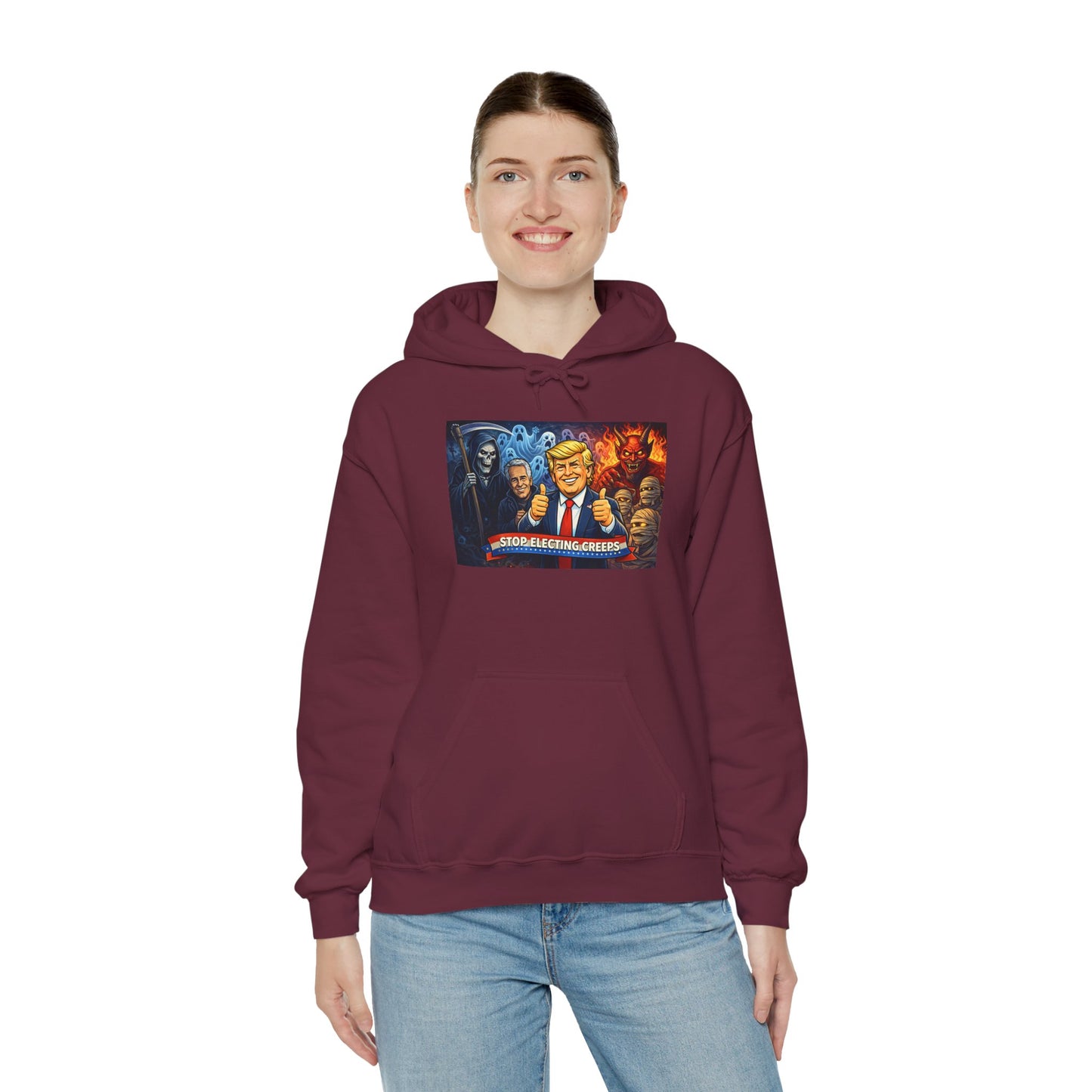 Political Caricature Hoodie — Bold Retro Satire Graphic Sweatshirt