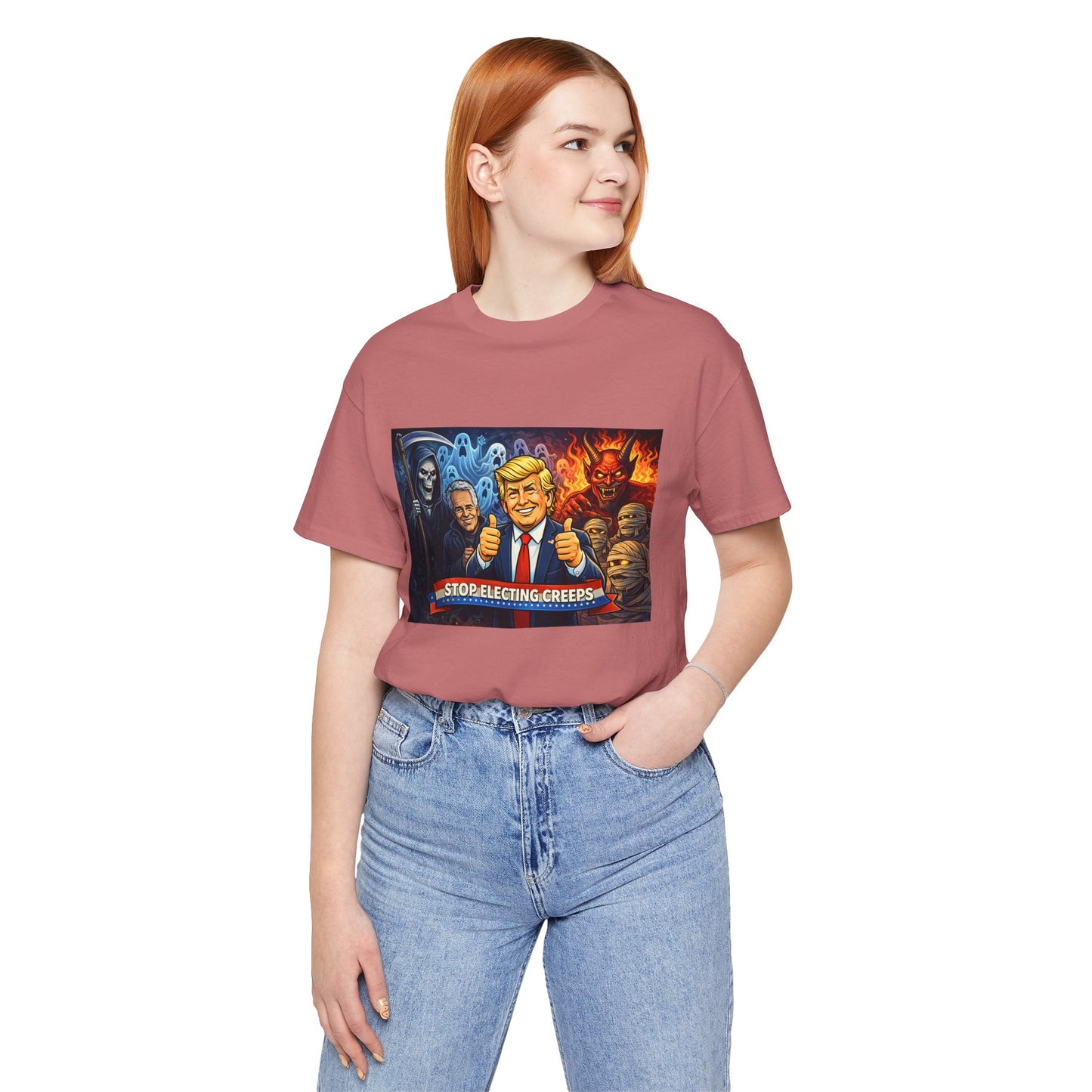 Political Satire Tee — "Stop Electing Creeps" Trump & Monsters Graphic Shirt