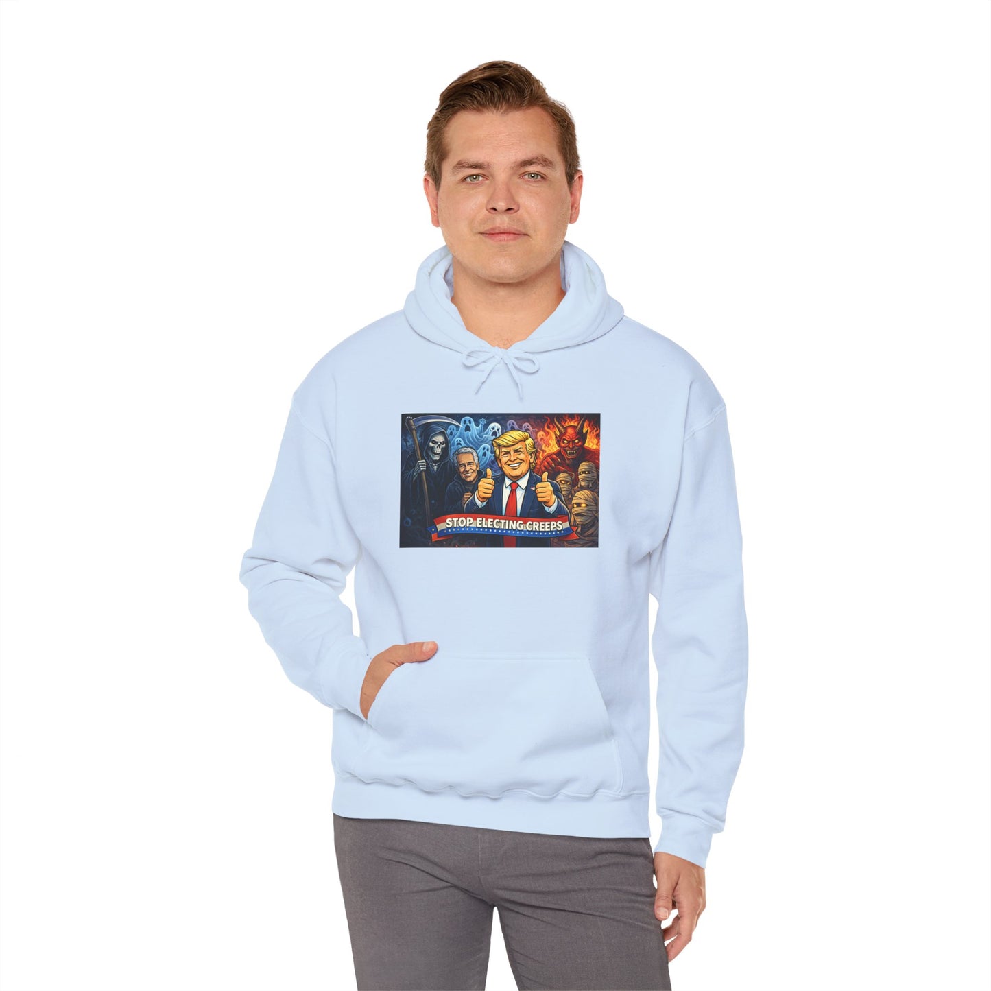 Political Caricature Hoodie — Bold Retro Satire Graphic Sweatshirt