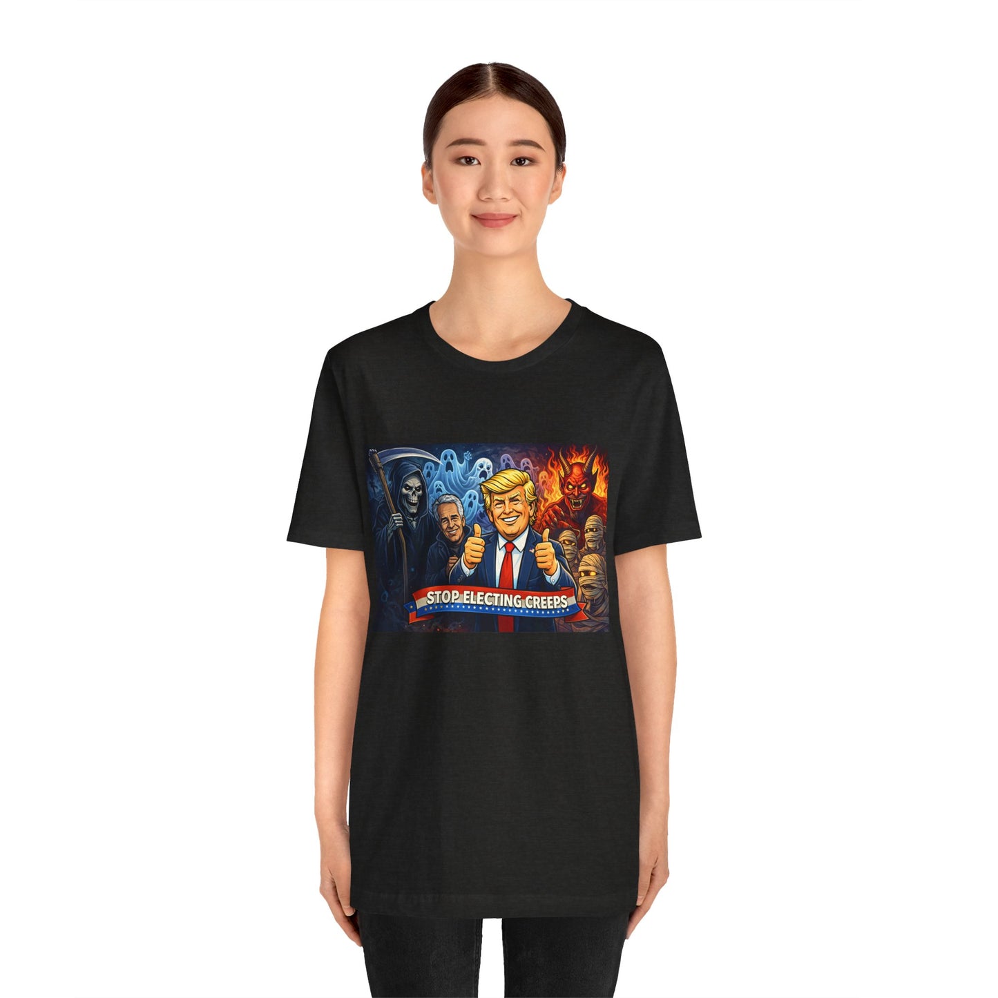 Political Satire Tee — "Stop Electing Creeps" Trump & Monsters Graphic Shirt