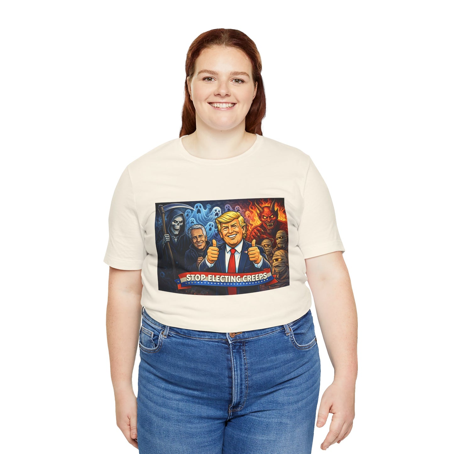 Political Satire Tee — "Stop Electing Creeps" Trump & Monsters Graphic Shirt
