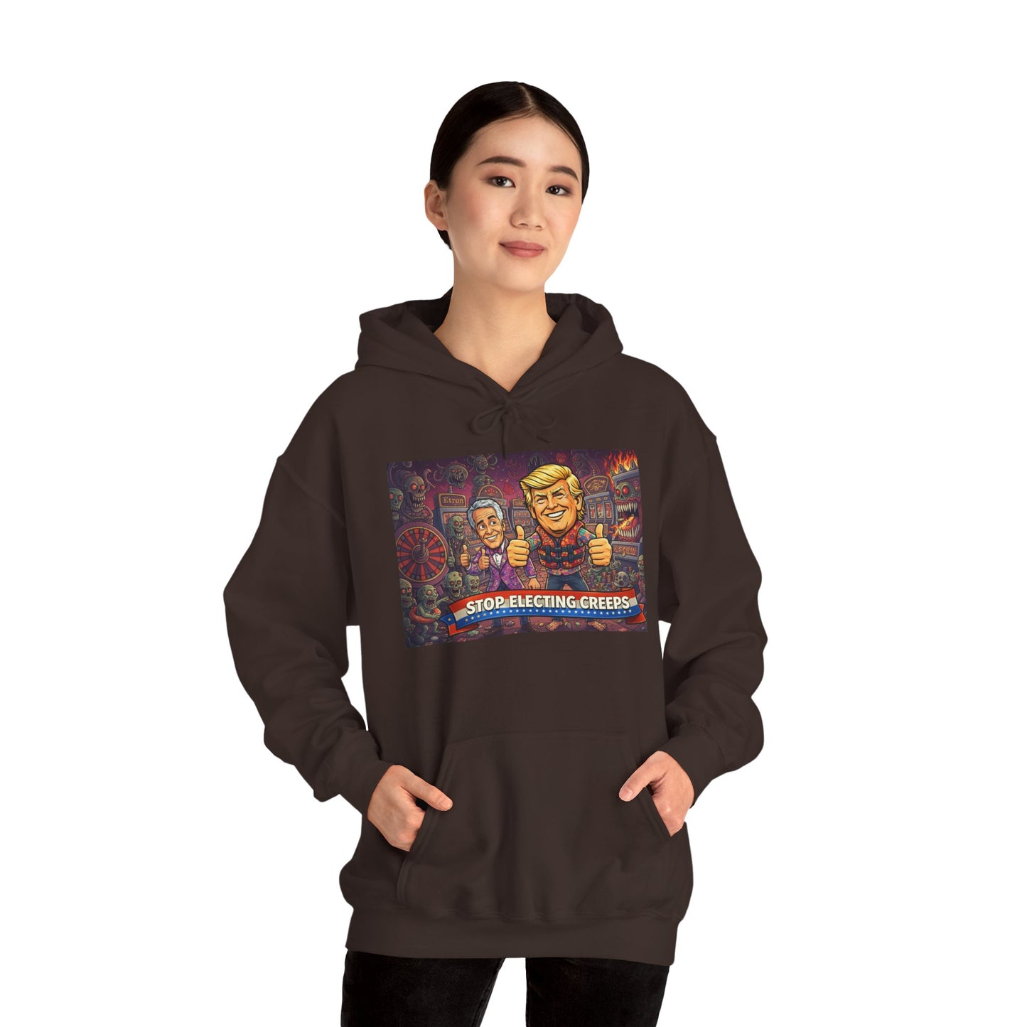 Political Satire Hoodie — "Stop Electing Creeps" Graphic Pullover