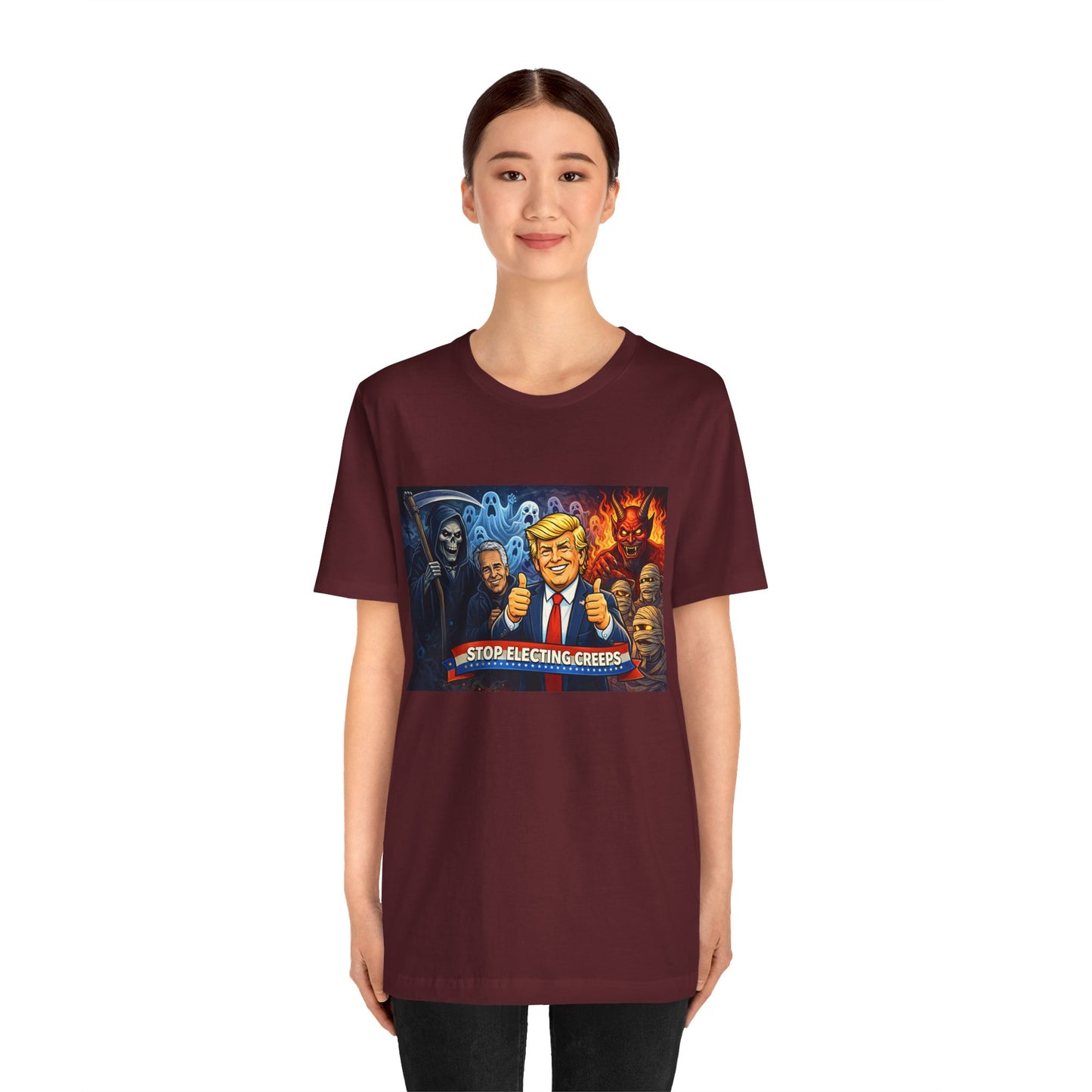 Political Satire Tee — "Stop Electing Creeps" Trump & Monsters Graphic Shirt