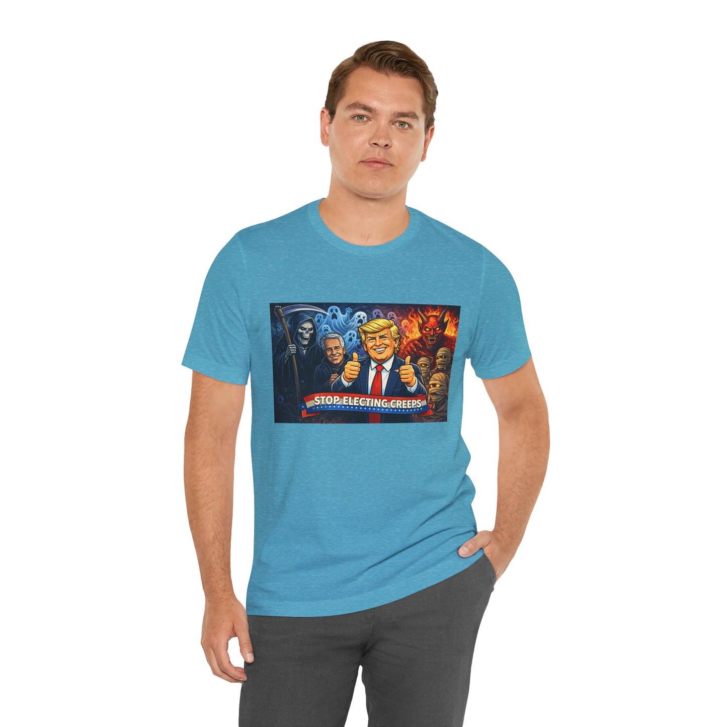 Political Satire Tee — "Stop Electing Creeps" Trump & Monsters Graphic Shirt