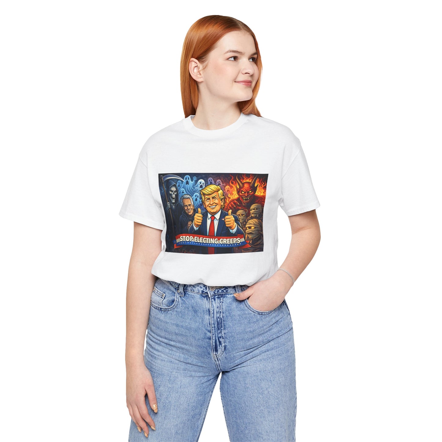 Political Satire Tee — "Stop Electing Creeps" Trump & Monsters Graphic Shirt