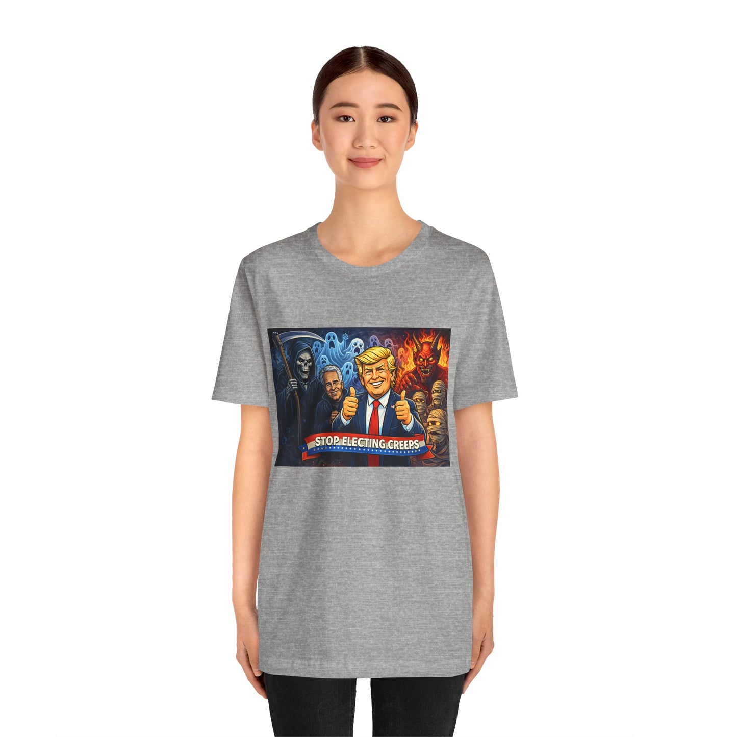 Political Satire Tee — "Stop Electing Creeps" Trump & Monsters Graphic Shirt